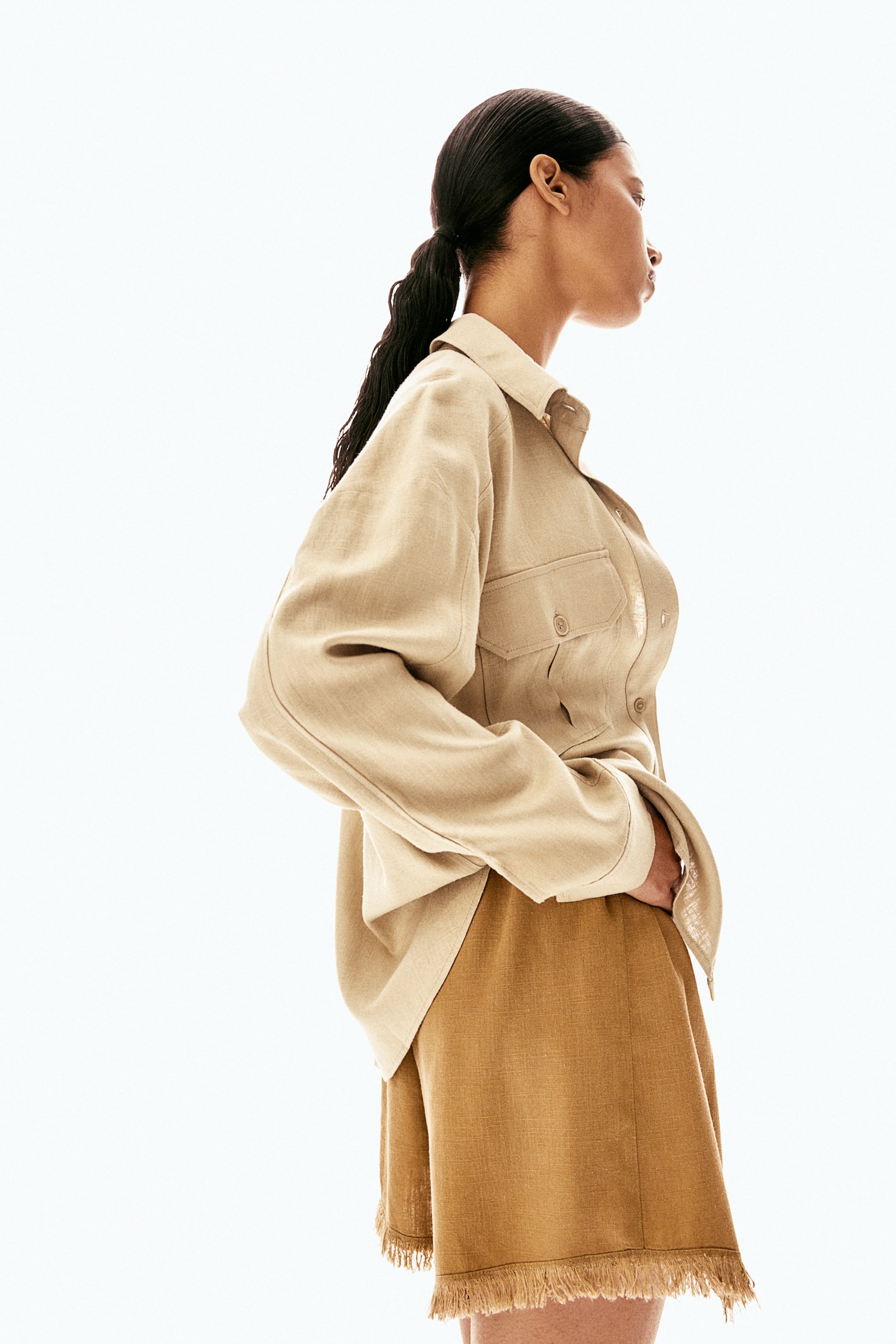 Oversized Linen Blend Cargo Shirt - Beige/Light beige/Dark grey - 5