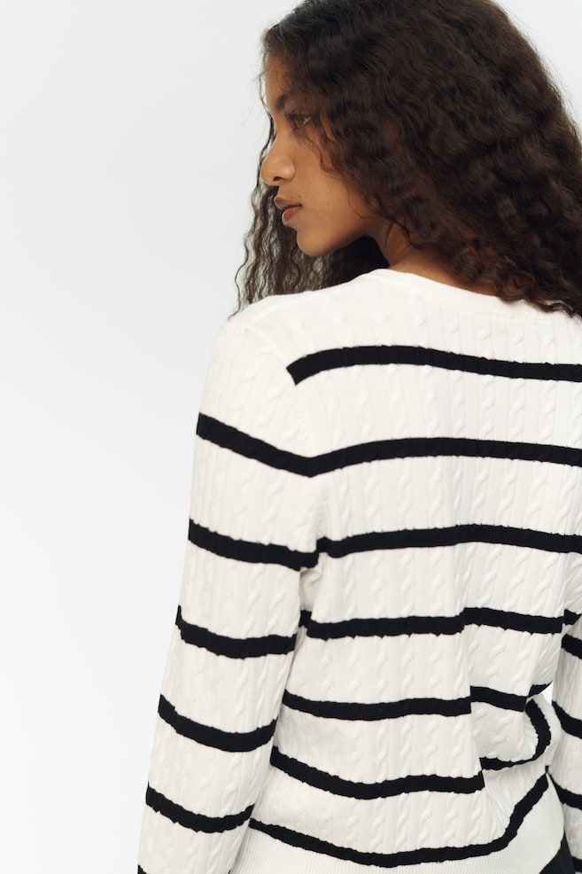 Cable-Knit Sweater - White/black striped/Pink/Dark brown - 3