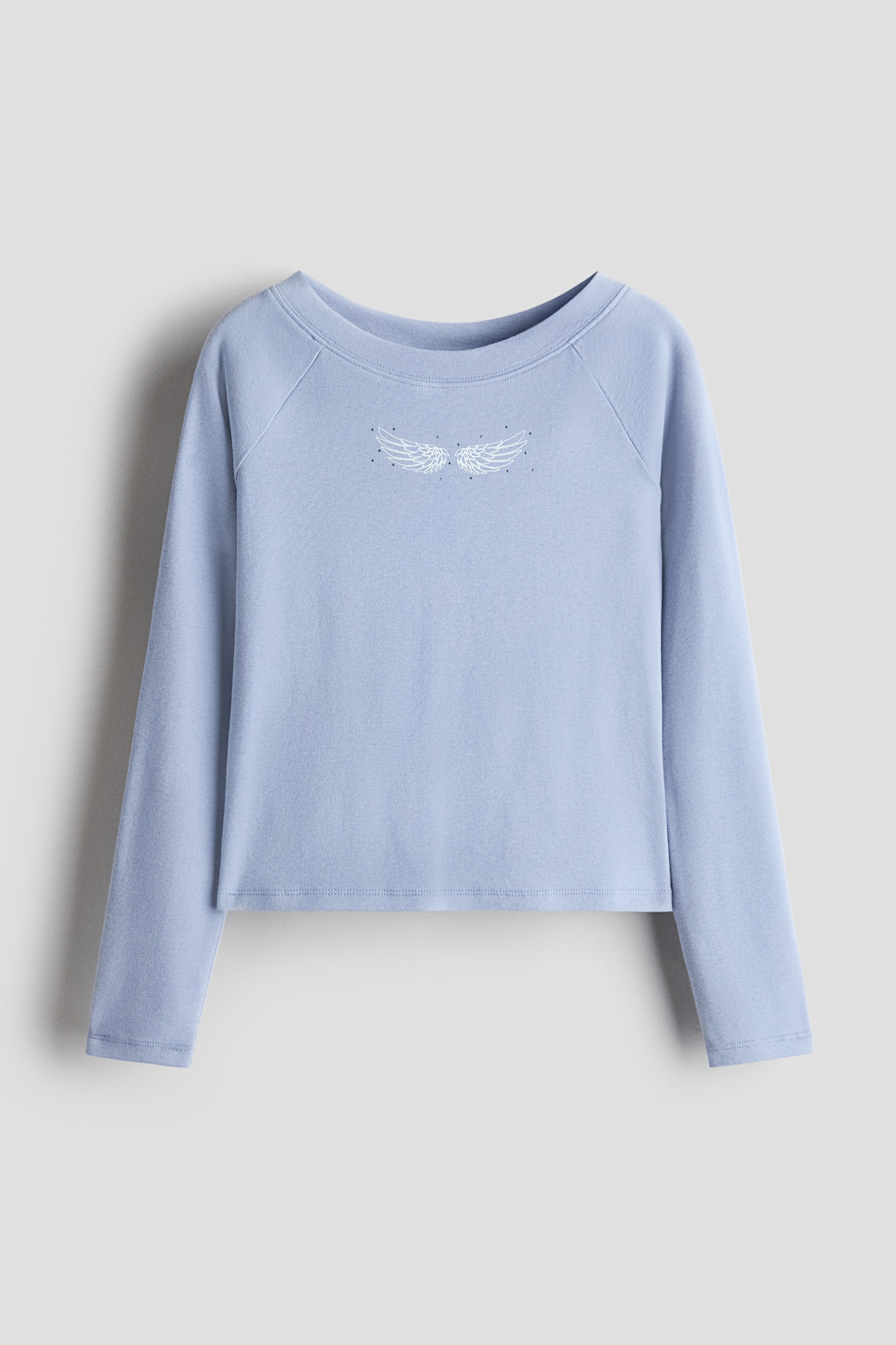 View larger image: A light blue long-sleeve top is shown from the front, featuring a crew neckline, raglan sleeves, and a straight hem. A small white graphic of angel wings with tiny surrounding dots decorates the centre of the chest.