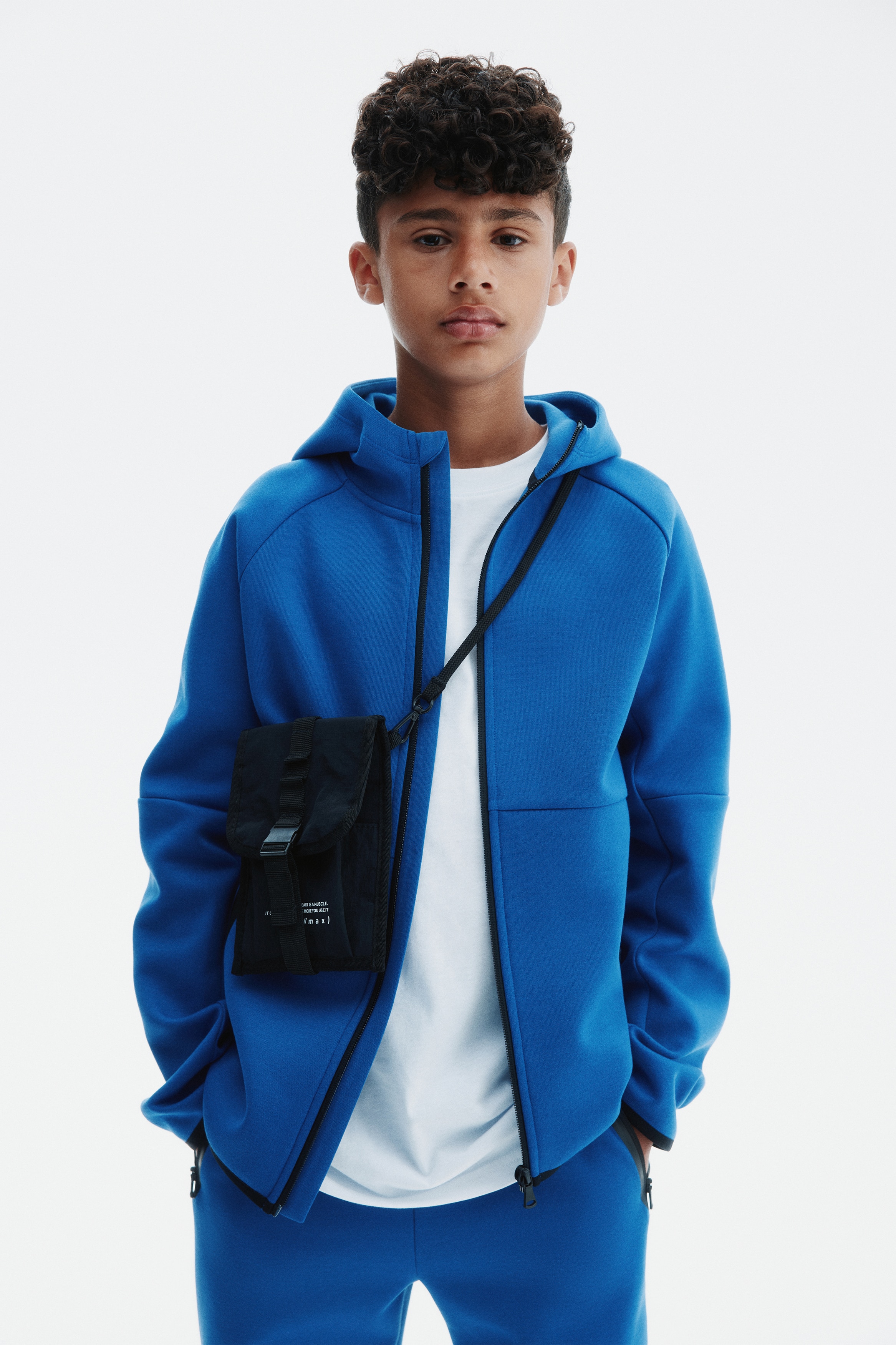 Sports hoodie with DryMove™ - Blue/Black/Dark beige/Light grey marl