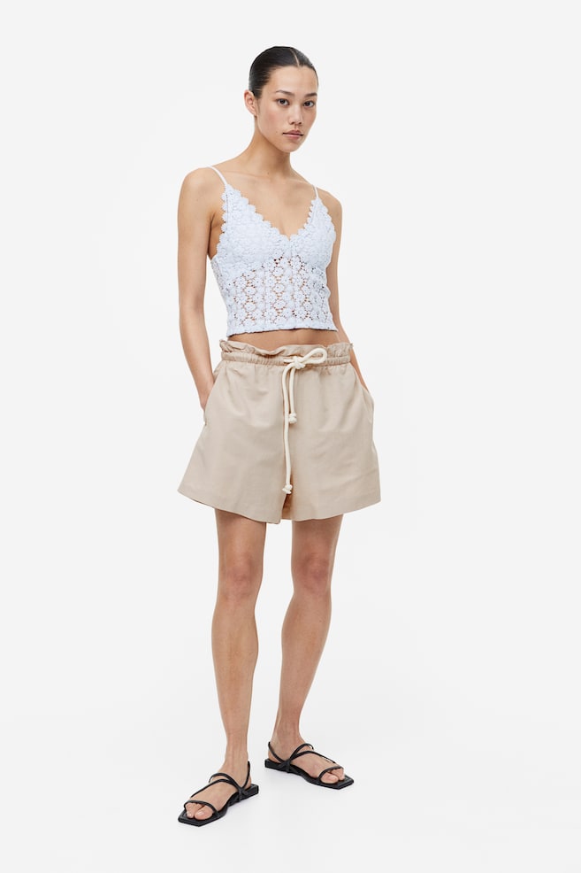 Linen-blend paper bag shorts - Beige/White - 1