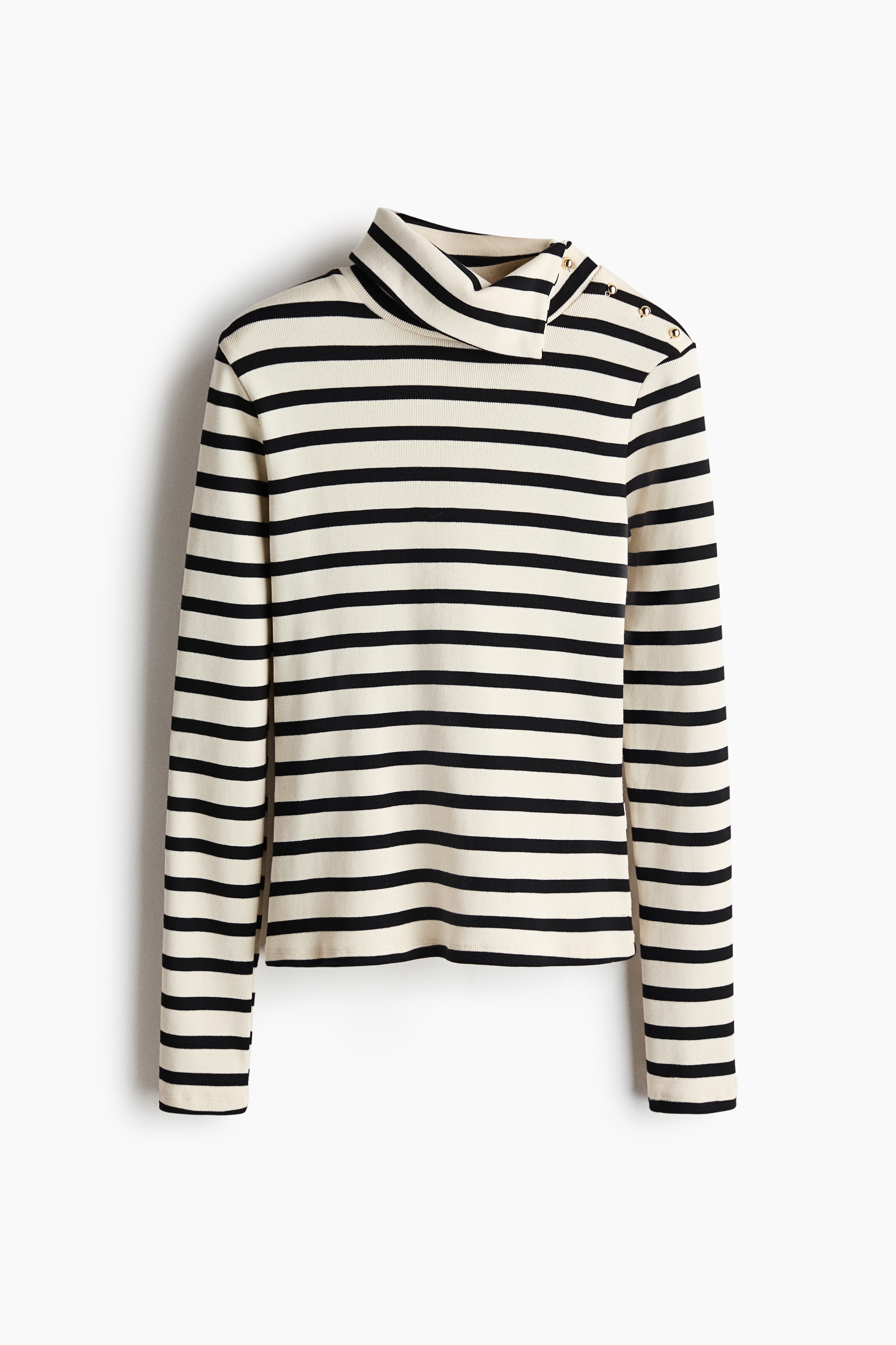A long-sleeve, fitted jersey top featuring black and cream horizontal stripes is being worn by the model. The top is styled with a high, structured neck that is split open on one side.