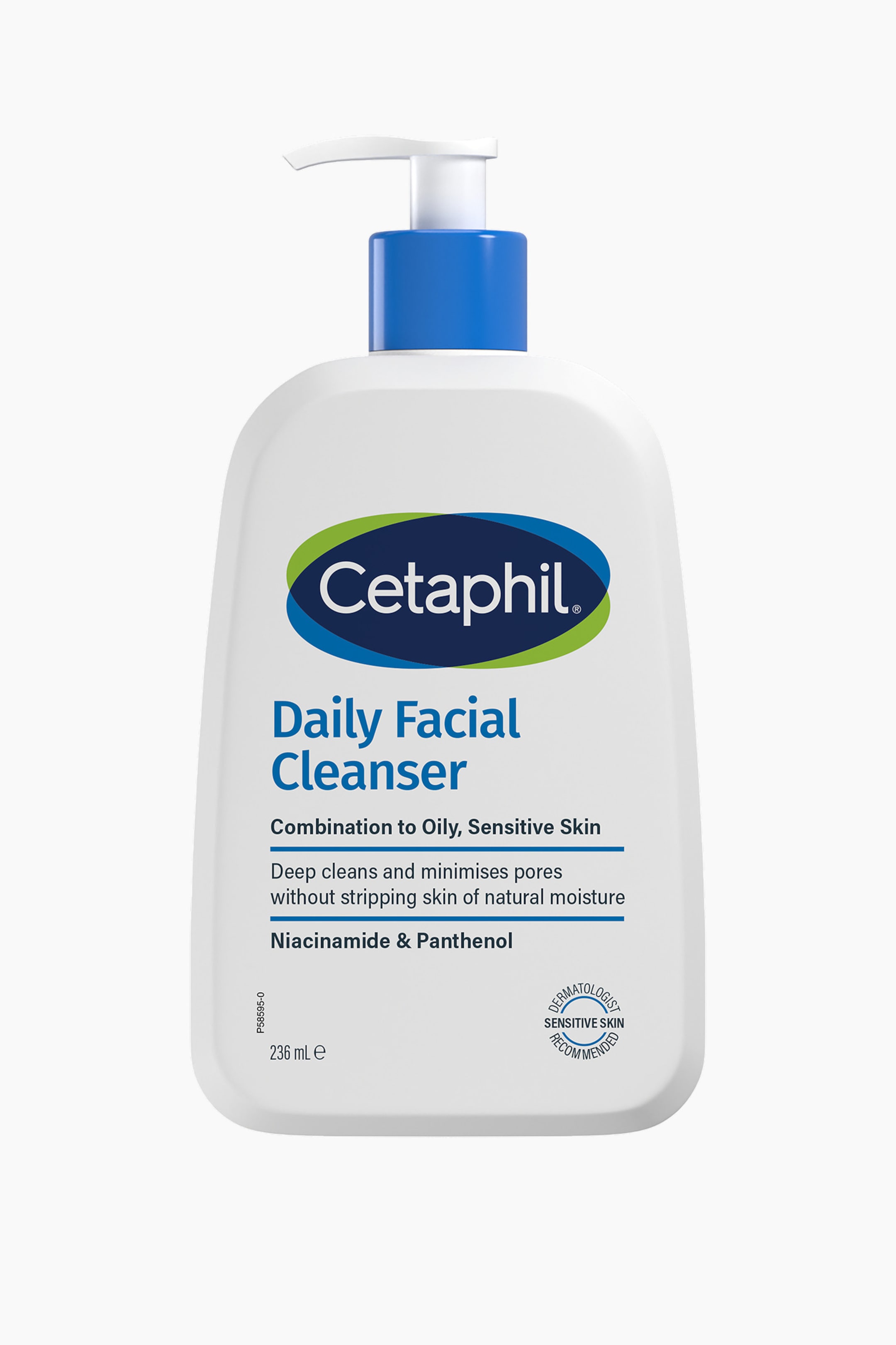 Se større billede: En hvid plastikflaske med Cetaphil Daily Facial Cleanser står oprejst og vender fremad, og den har en hvid pumpedispenser med en blå krave. Forsiden viser brandlogoet, produktnavnet og vigtige oplysninger om, at den er til kombineret til fedtet, حساس? 