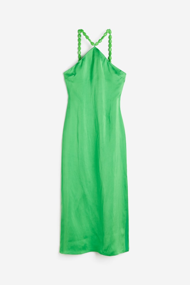 Kjole i hørblanding med perlestrop - Grøn - 2
