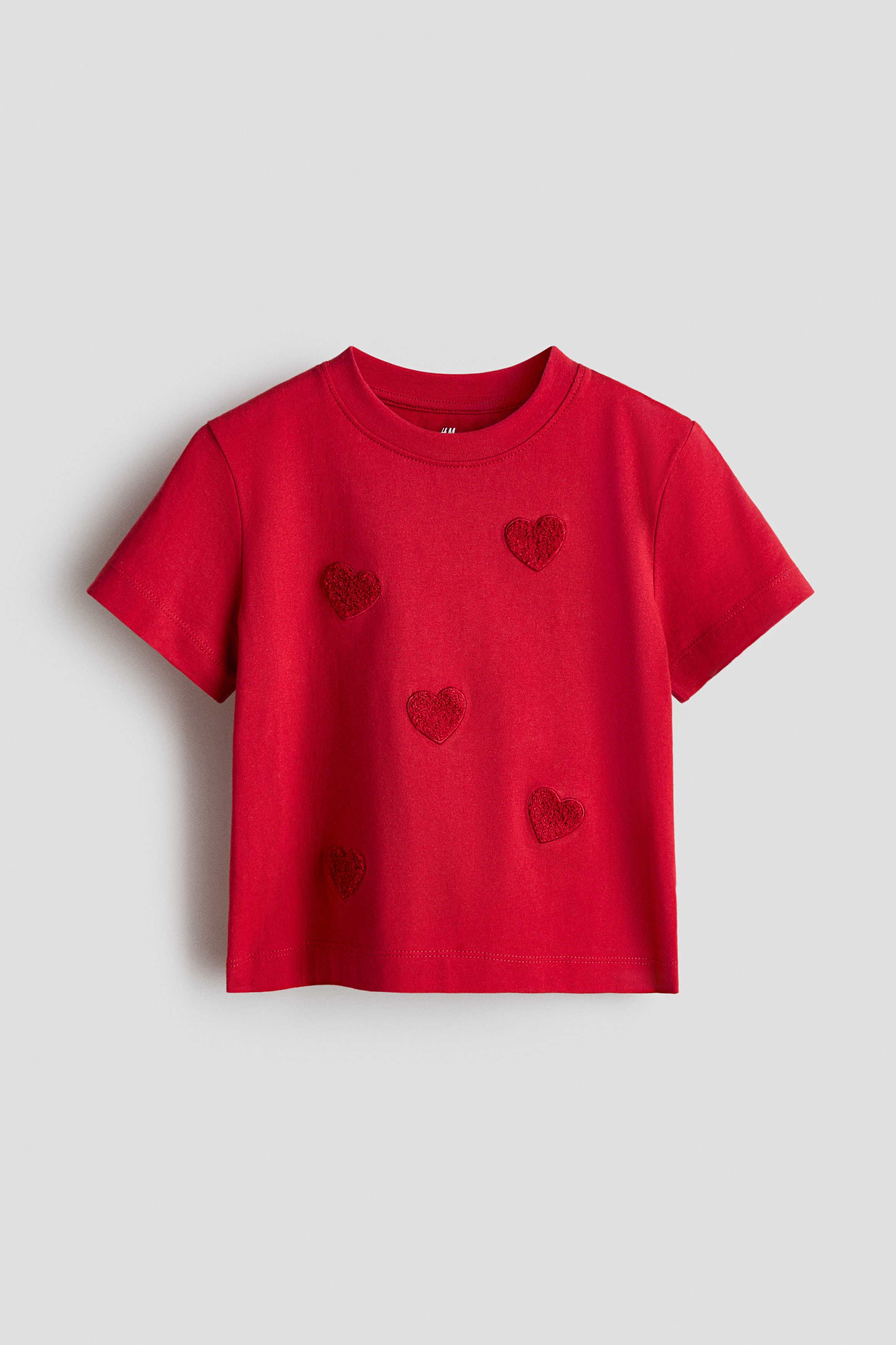 Appliquéd T-shirt - Red/Hearts/Light pink/Bow