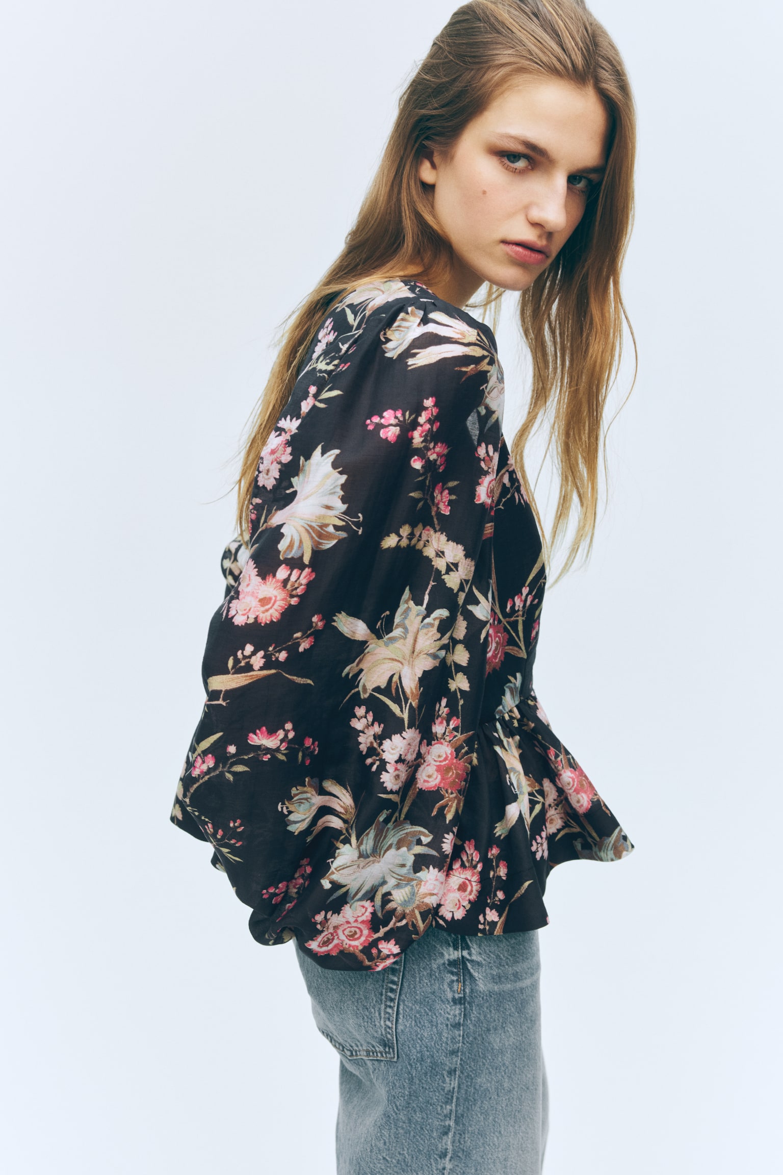 Peplumblouse van linnenmix - Zwart/bloemen/Geel/bloemen - 7