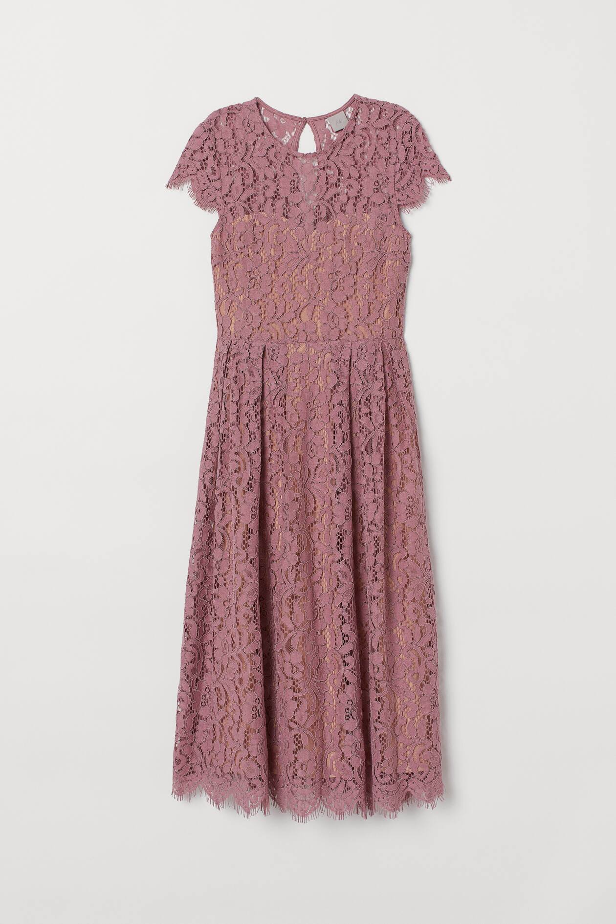 Calf-length lace dress - Round neck - Short sleeve - Old rose - Ladies ...