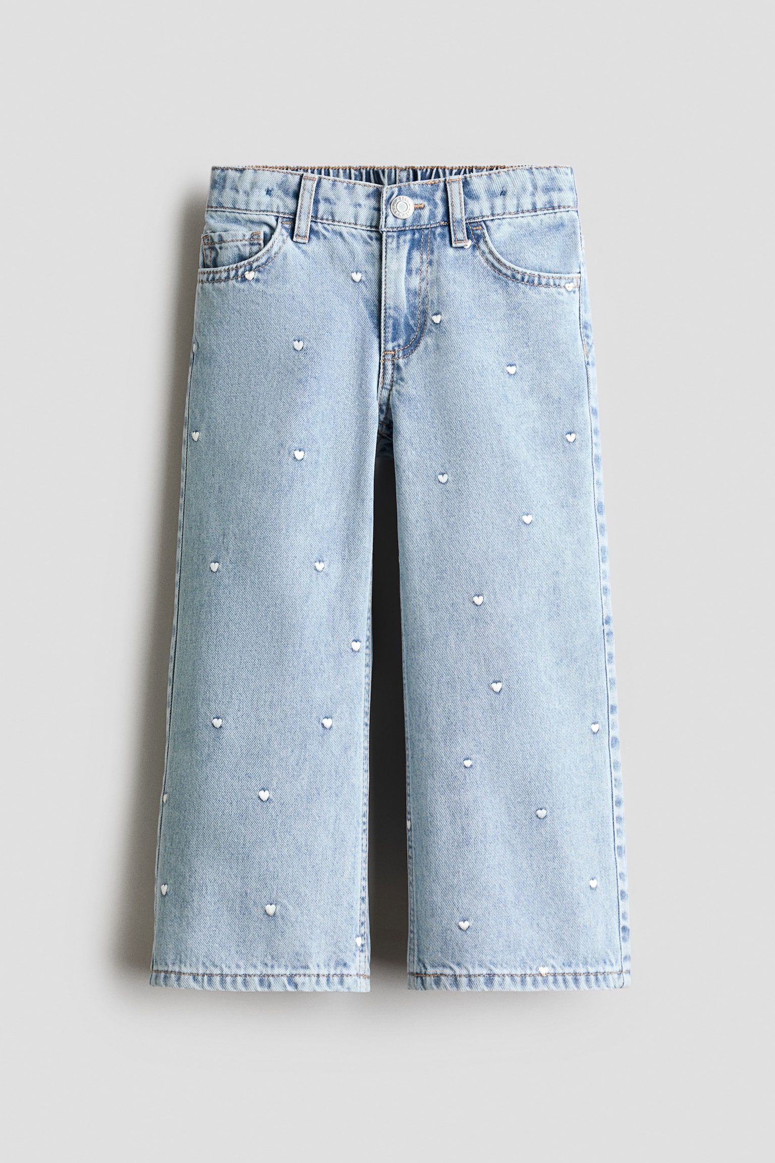 Jeans med motiver og vide ben - Lys denimblå/Hjerter/Lys denimblå/Sløjfer/Denimblå/Blomstret - 1