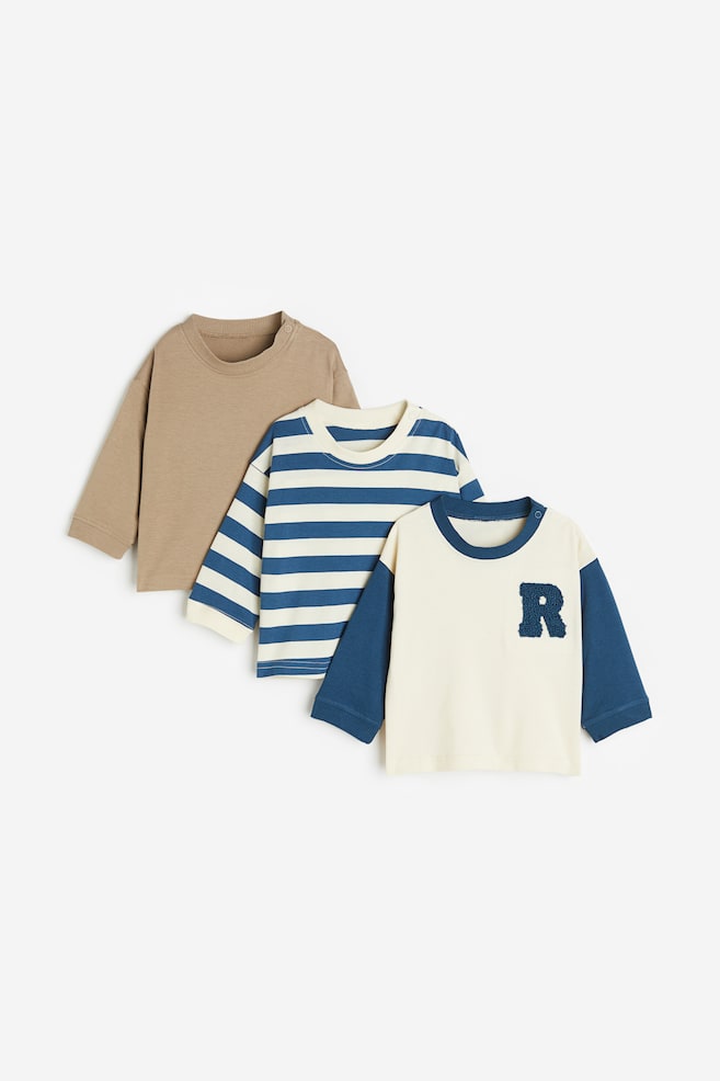 3-pack cotton jersey tops - Dark blue/Striped/Dark grey/Beige - 1