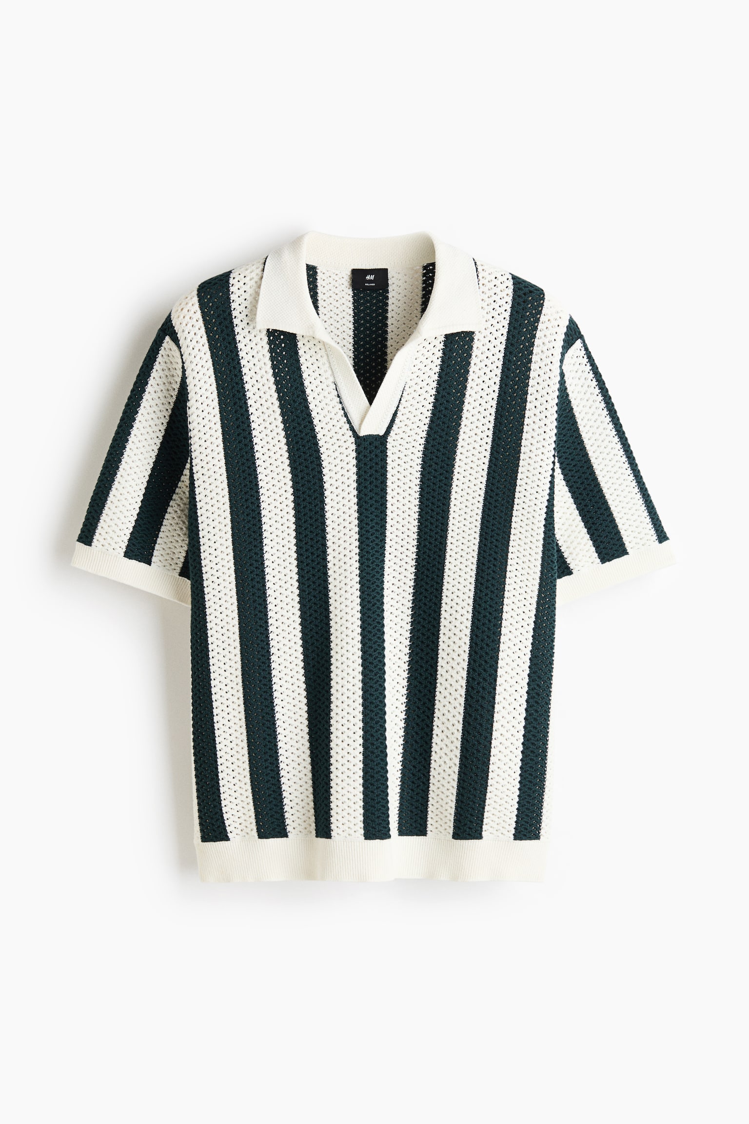 A short-sleeved knitted polo shirt showcasing an open-knit texture with vertical dark green and off-white stripes. It features a pointed collar, a V-neck opening, and ribbed cuffs and hem. - 1