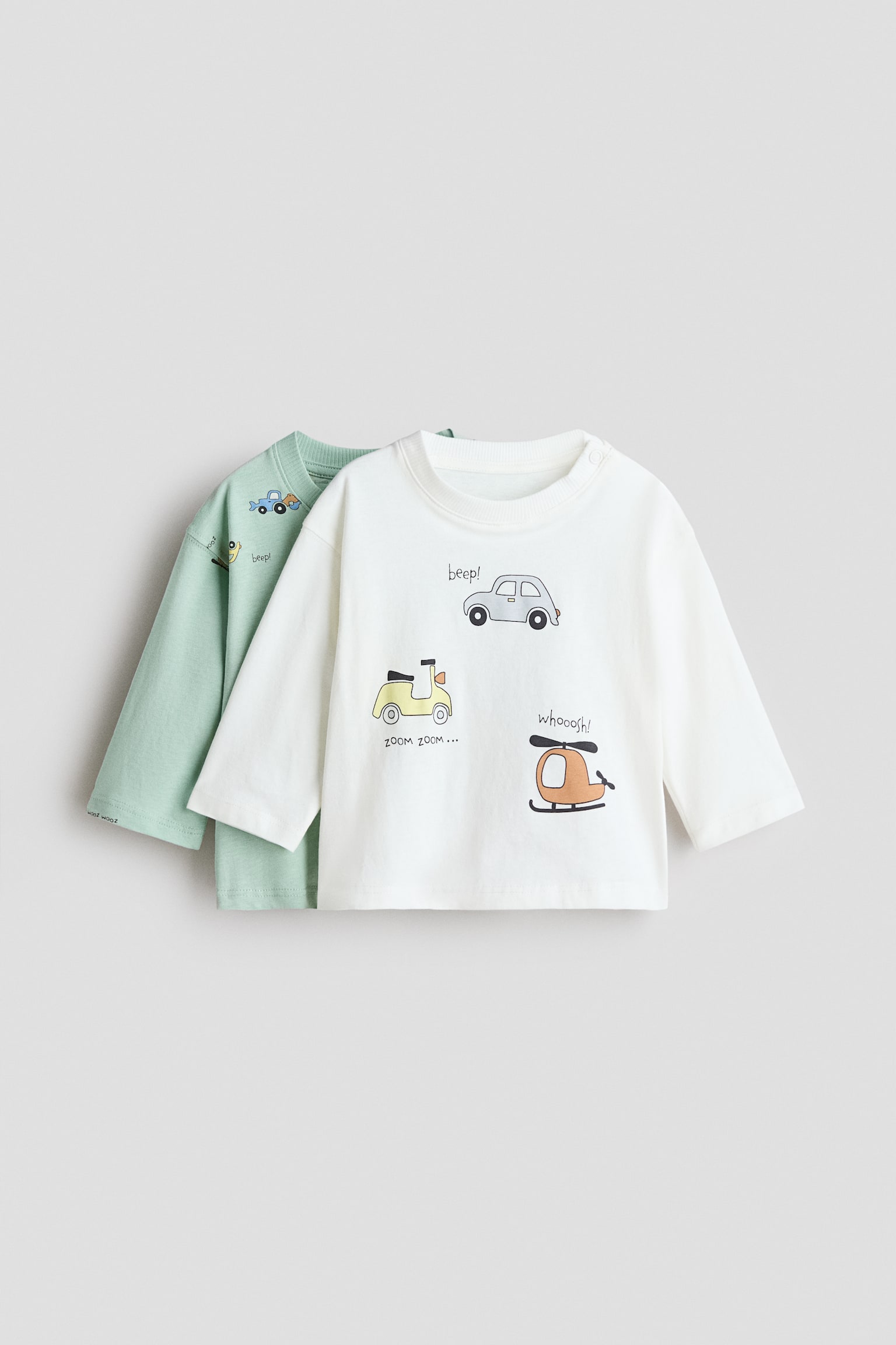 Pack de 2 camisetas estampadas - Verde claro/Vehículos/Beige claro/Animales/Azul/Dinosaurios