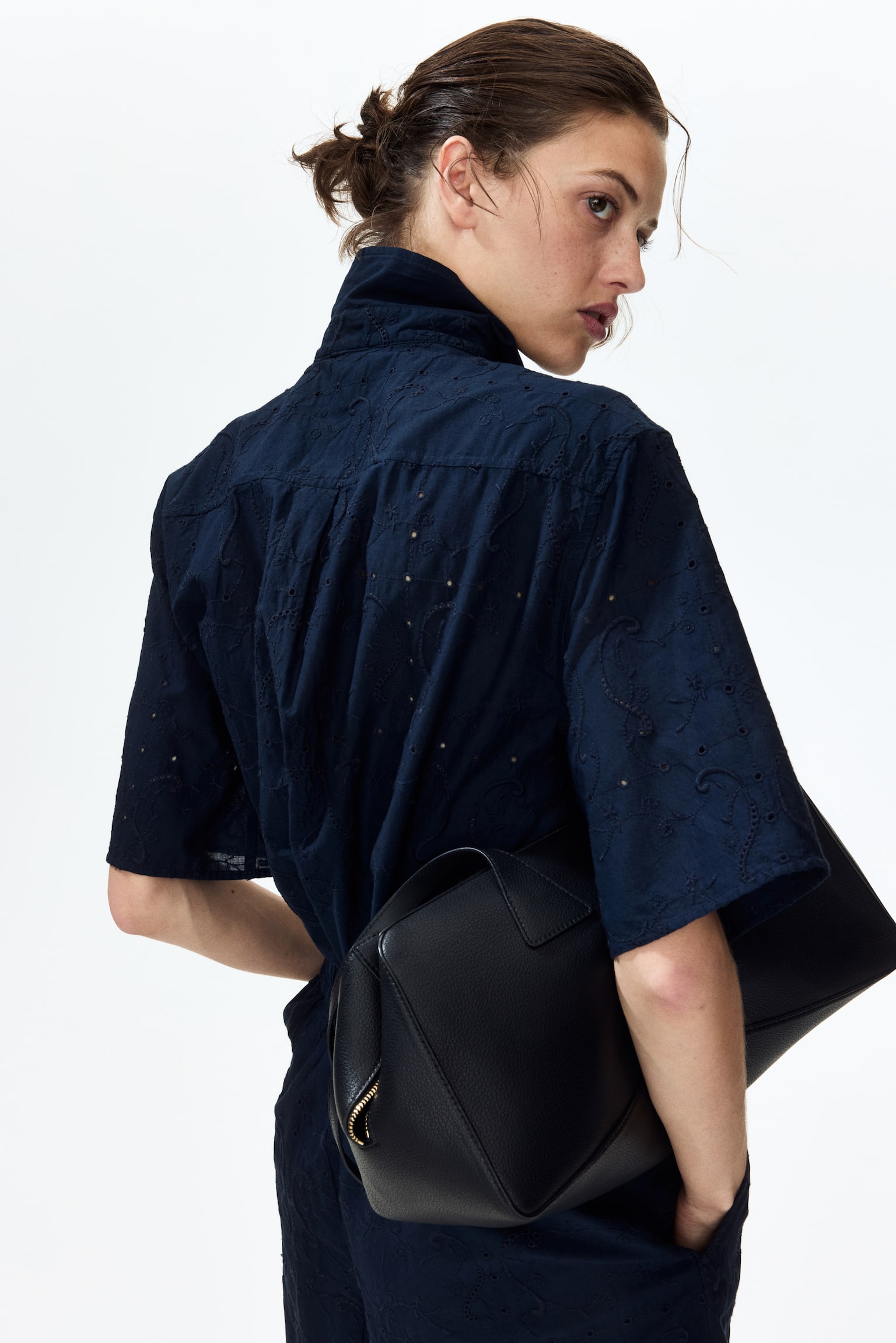 Oversized broderie anglaise shirt-Dark blue - 3