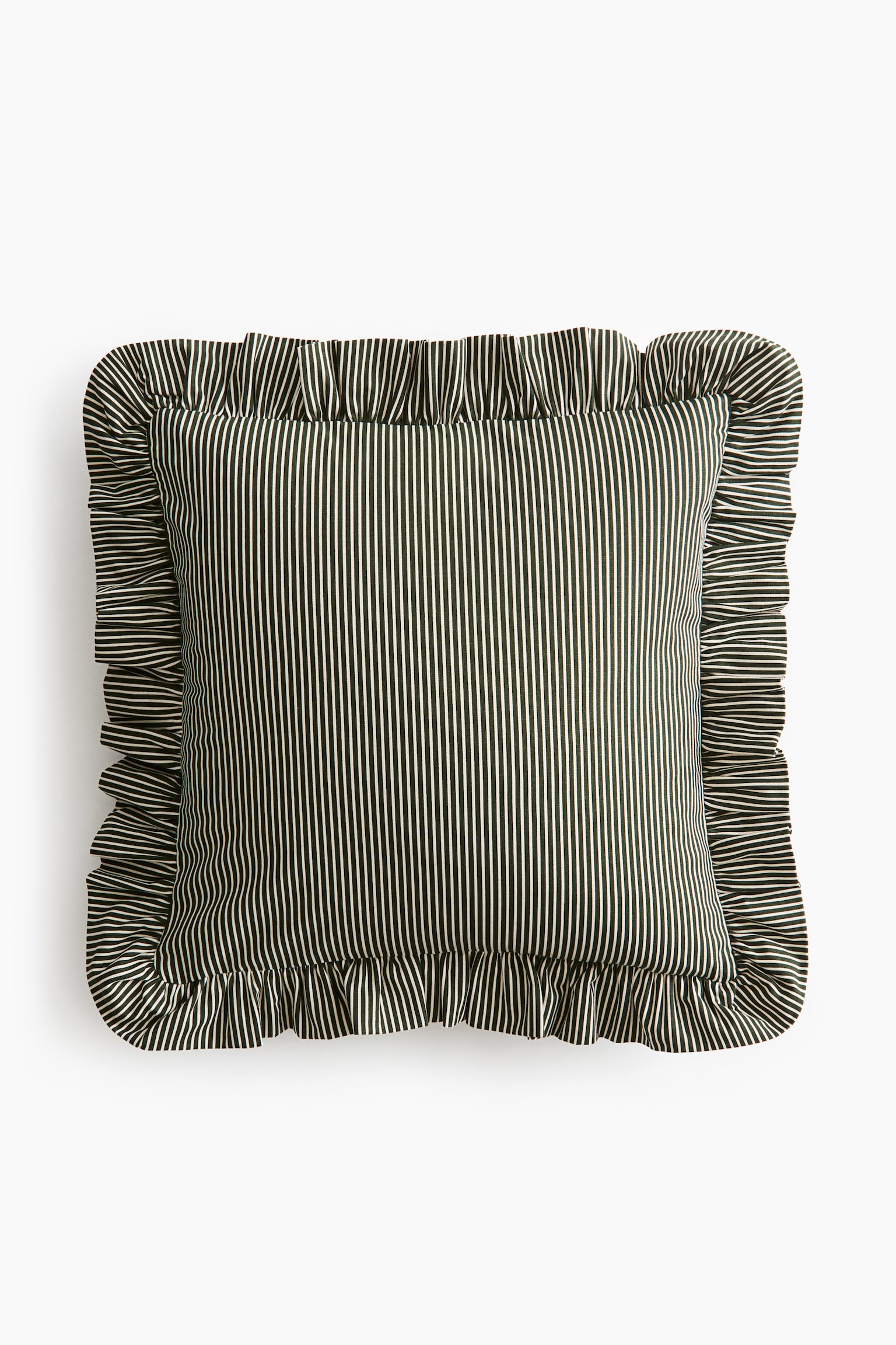 A square throw pillow is facing forward, displaying a pattern of thin, vertical dark green and off-white stripes. The pillow features a wide, ruffled trim along all four sides in the matching striped fabric.