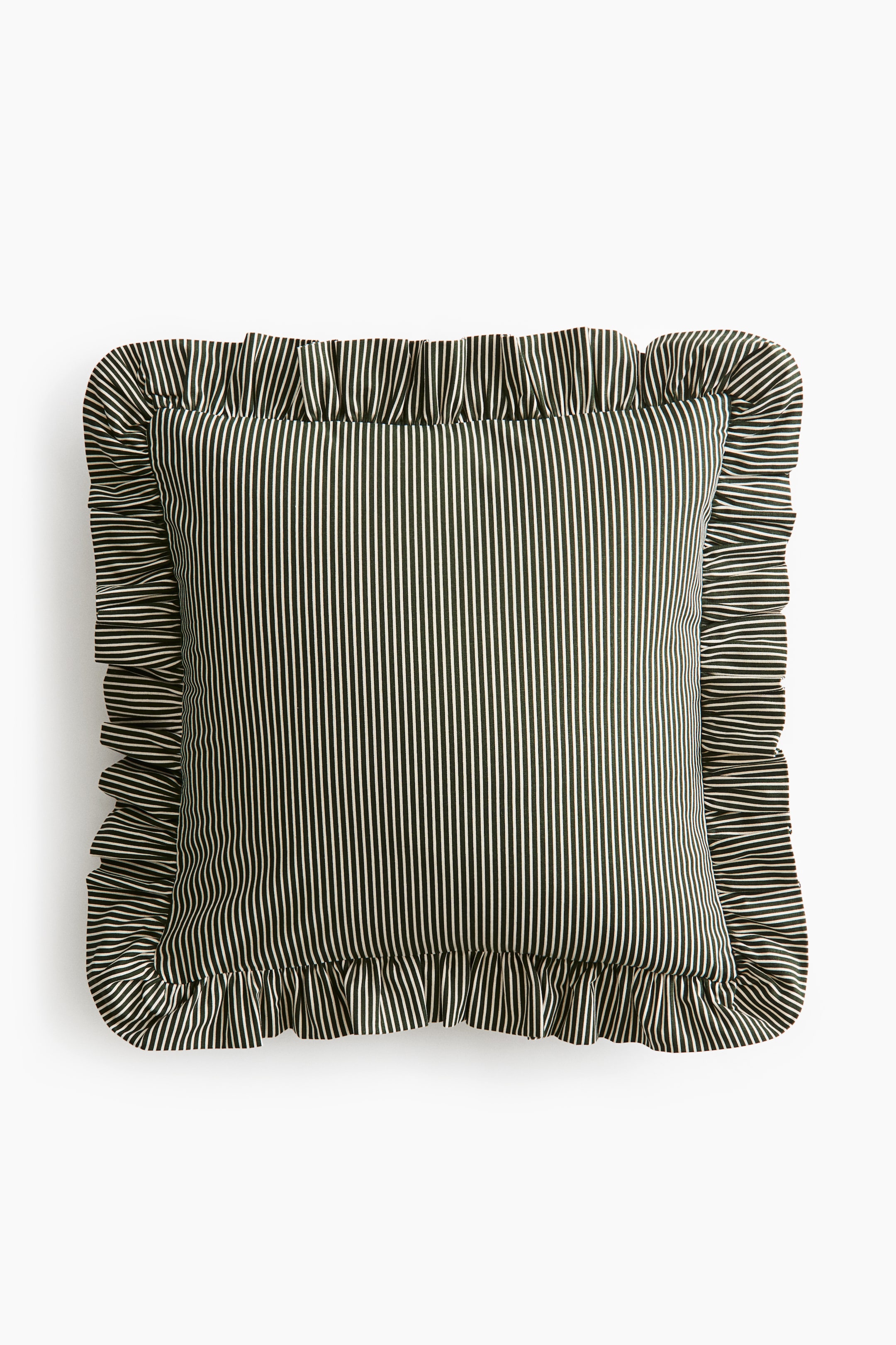 View larger image: Frill-trimmed cotton cushion cover - Dark green/Striped - Home All | H&M 1