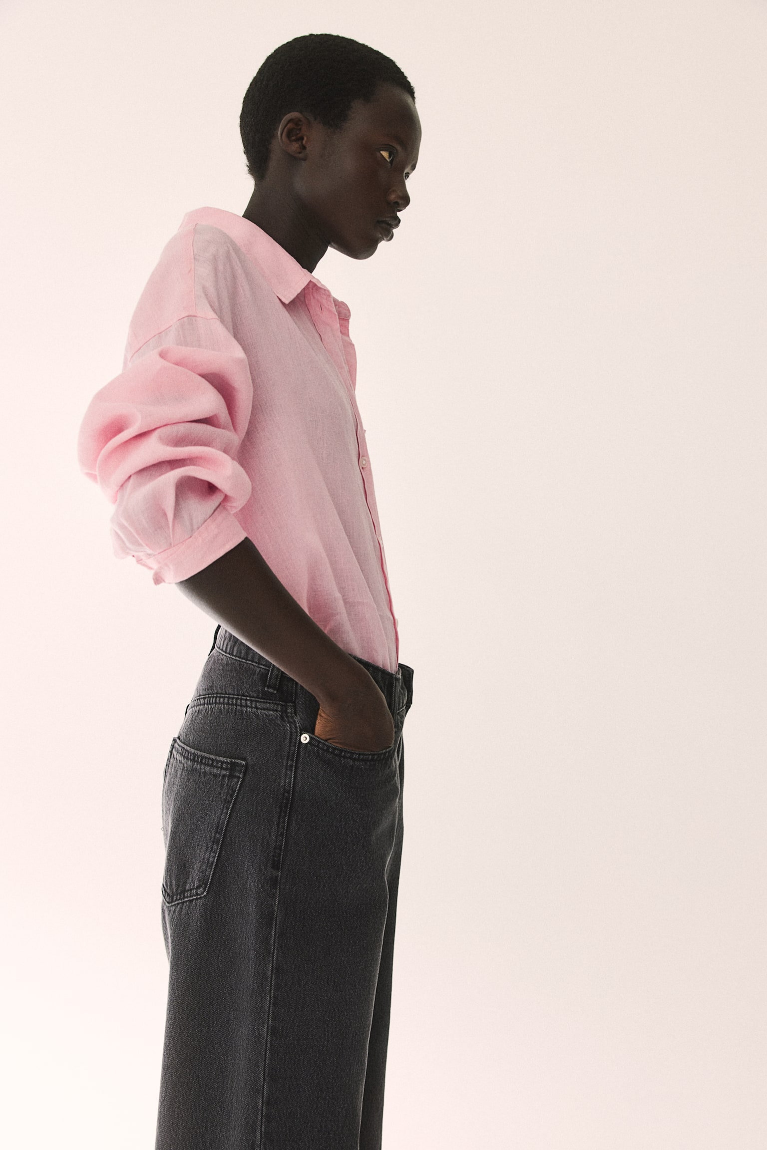 Oversized linen shirt - Light pink/Navy blue/Striped/White - 6