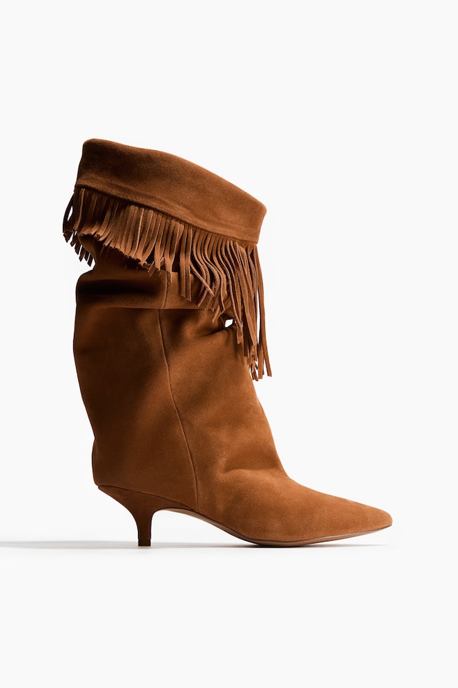 Fringe-trimmed split suede boots - Dark beige - 1