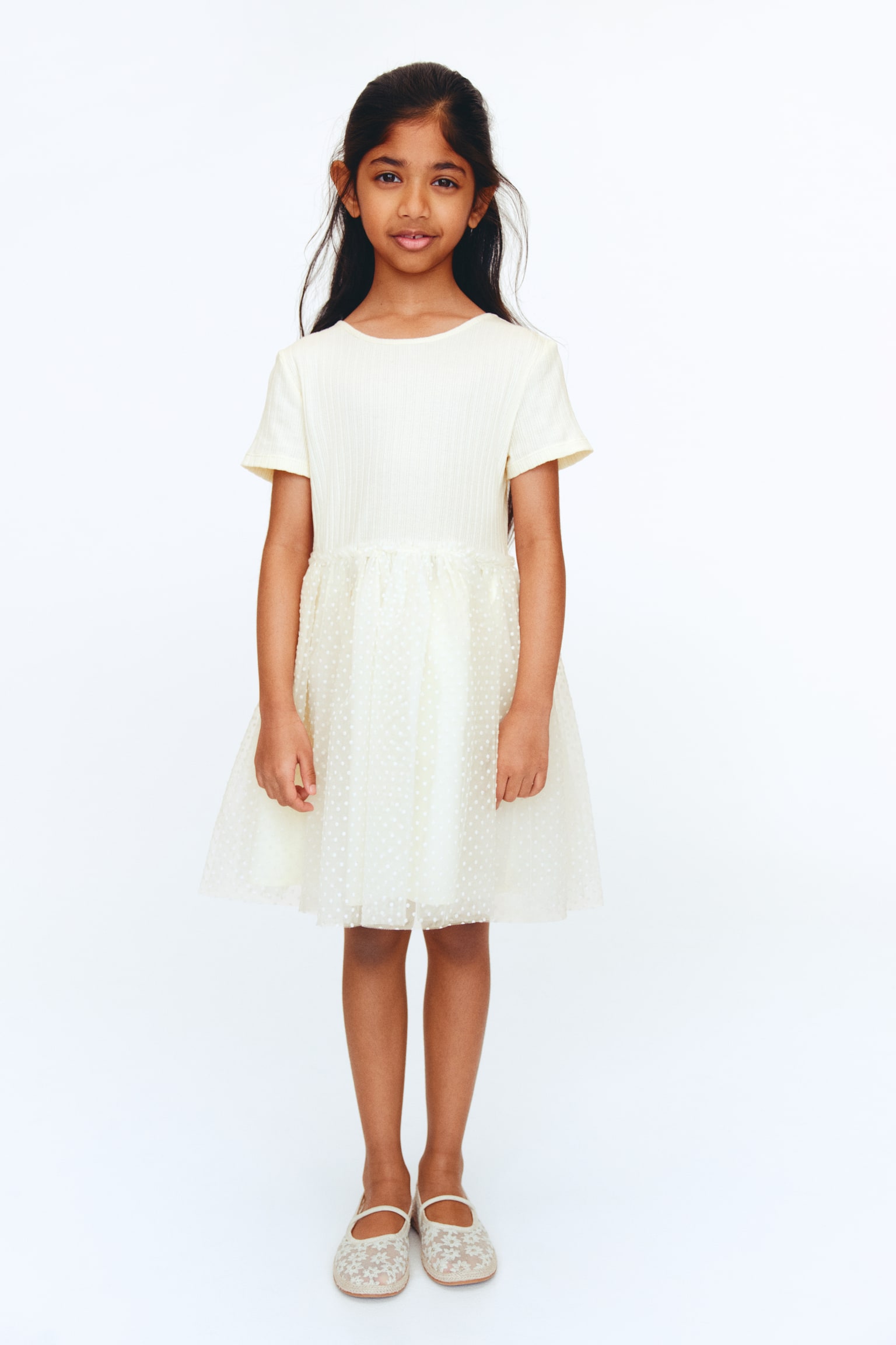 Robe avec jupe en tulle floquée - Crème/pois/Bleu clair - 4