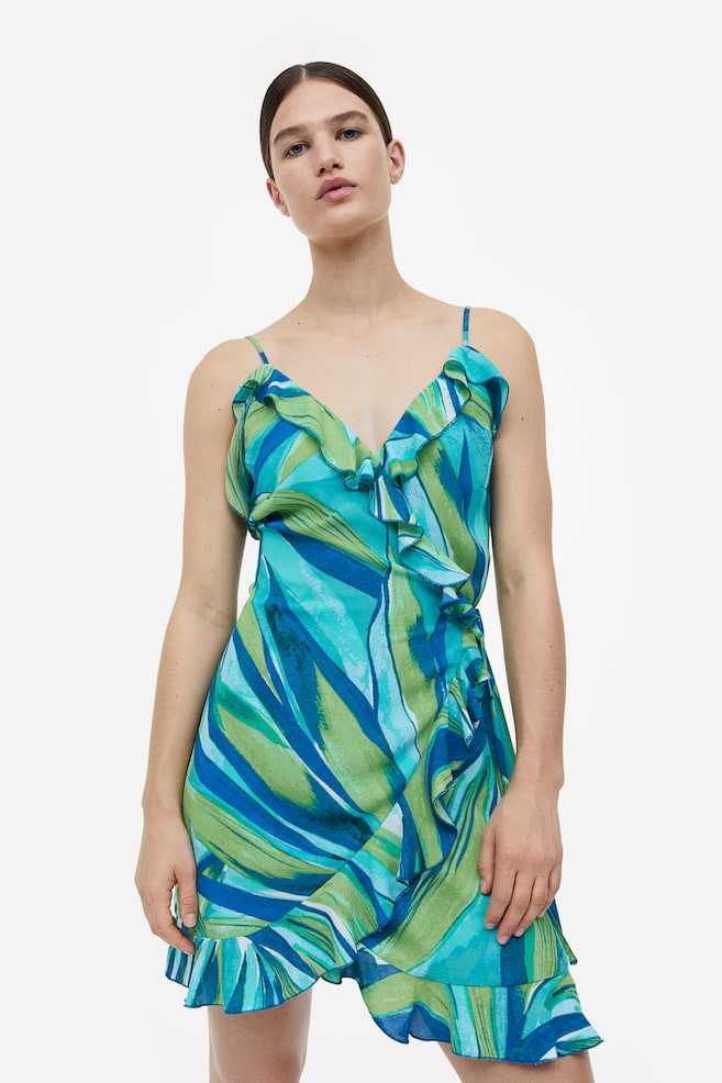 Flounce-trimmed wrap dress - Turquoise/Patterned/Dark green - 1