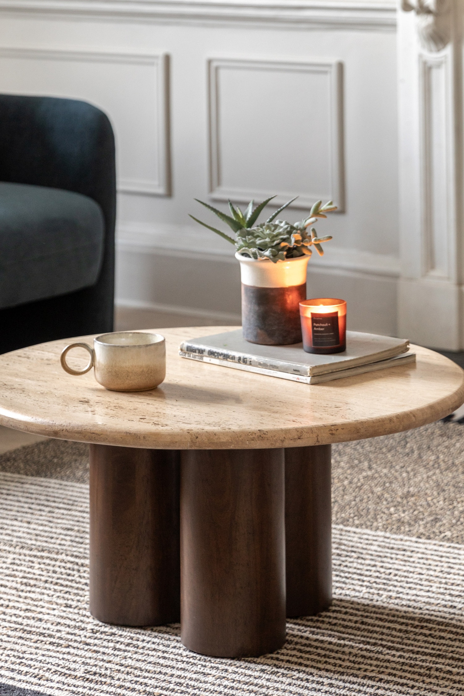 Travertine Top Coffee Table - Dark Wood