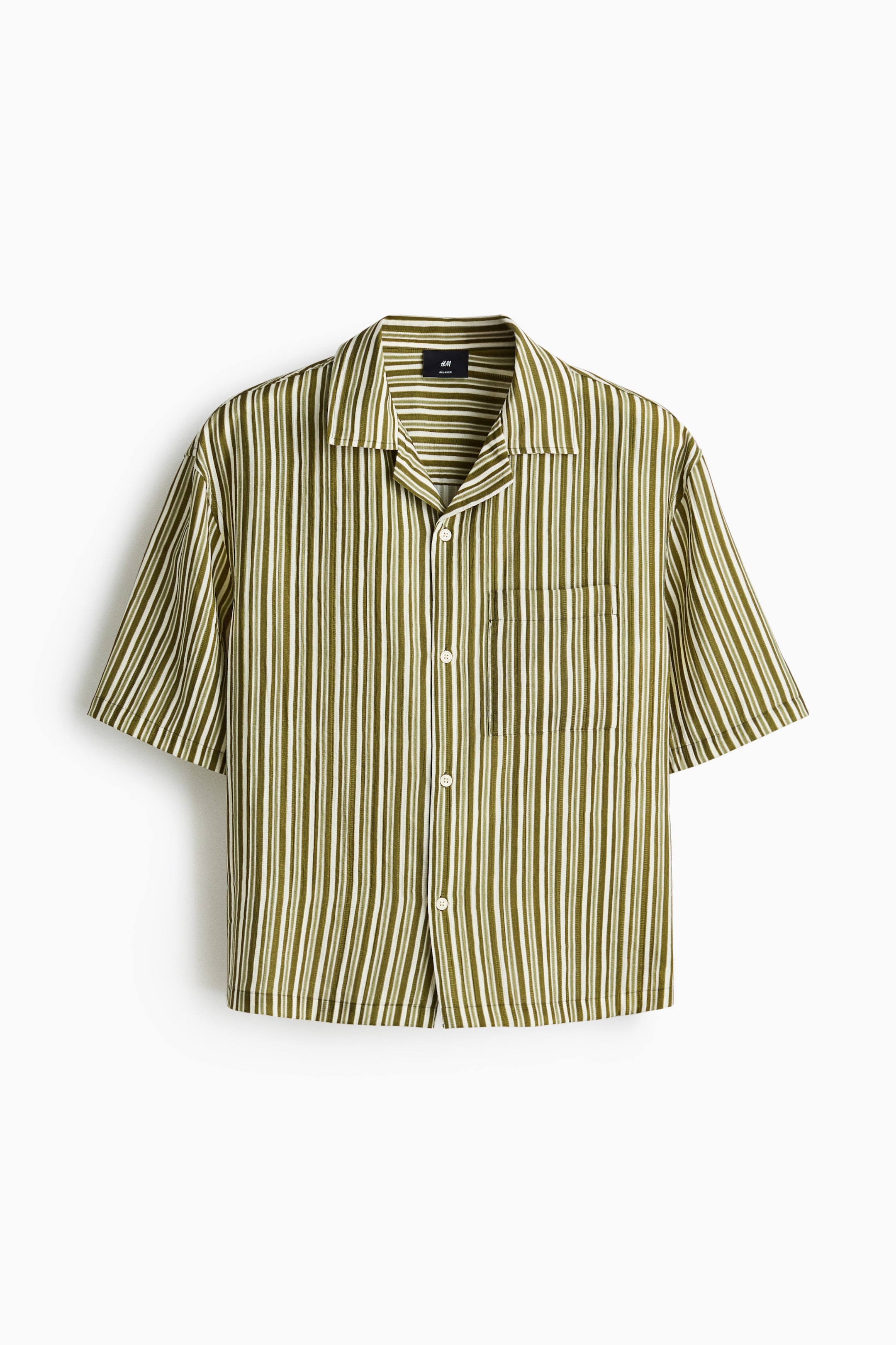 View larger image: A short-sleeved shirt is shown from the front, featuring olive green and white vertical stripes. It is crafted with an open collar, a button-front fastening with white buttons, and a single patch pocket on the left chest.