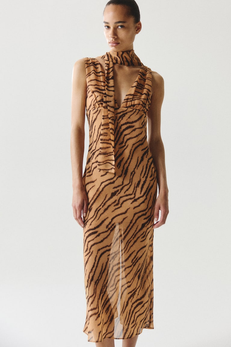 neck scarf midi dress ASOS DESIGN ribbed one-shoulder neck scarf midi dress in chocolate