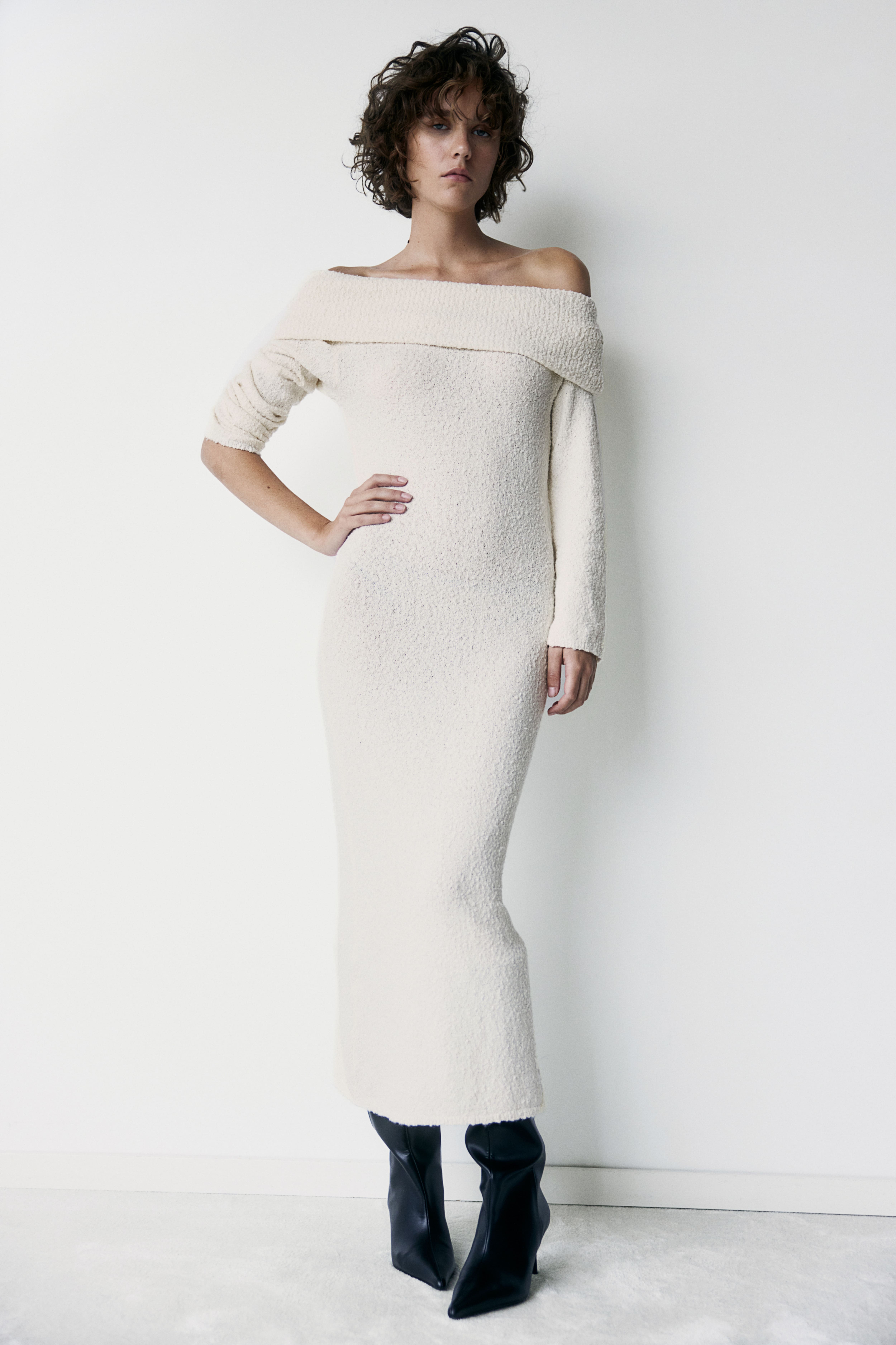 bouclé-knit off-the-shoulder dress