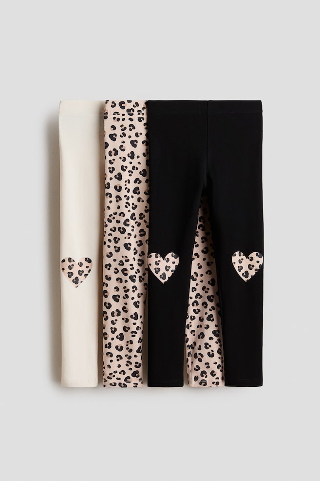 3-pack cotton leggings - Beige/Leopard print/Navy blue/Floral/Black/Spotted/Light dusty pink/Floral - 1