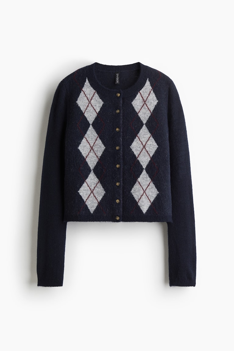 Jacquard-knit cardigan Navy blue/Argyle pattern Ladies H&M IN