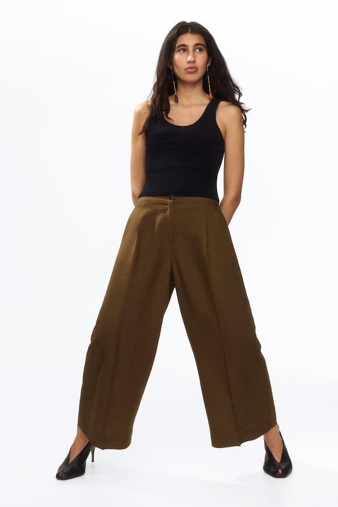 Ankle-Length Linen-Blend Pants-Brown - 6