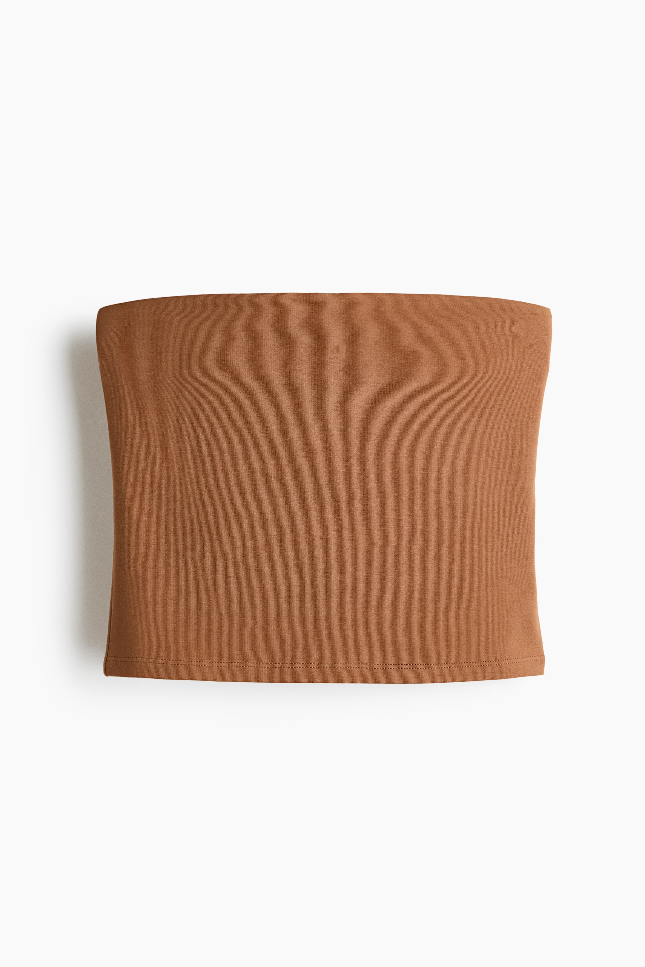 View larger image: A brown bandeau top is shown front-facing, featuring a smooth, solid fabric and a straight bottom hem with visible stitching.