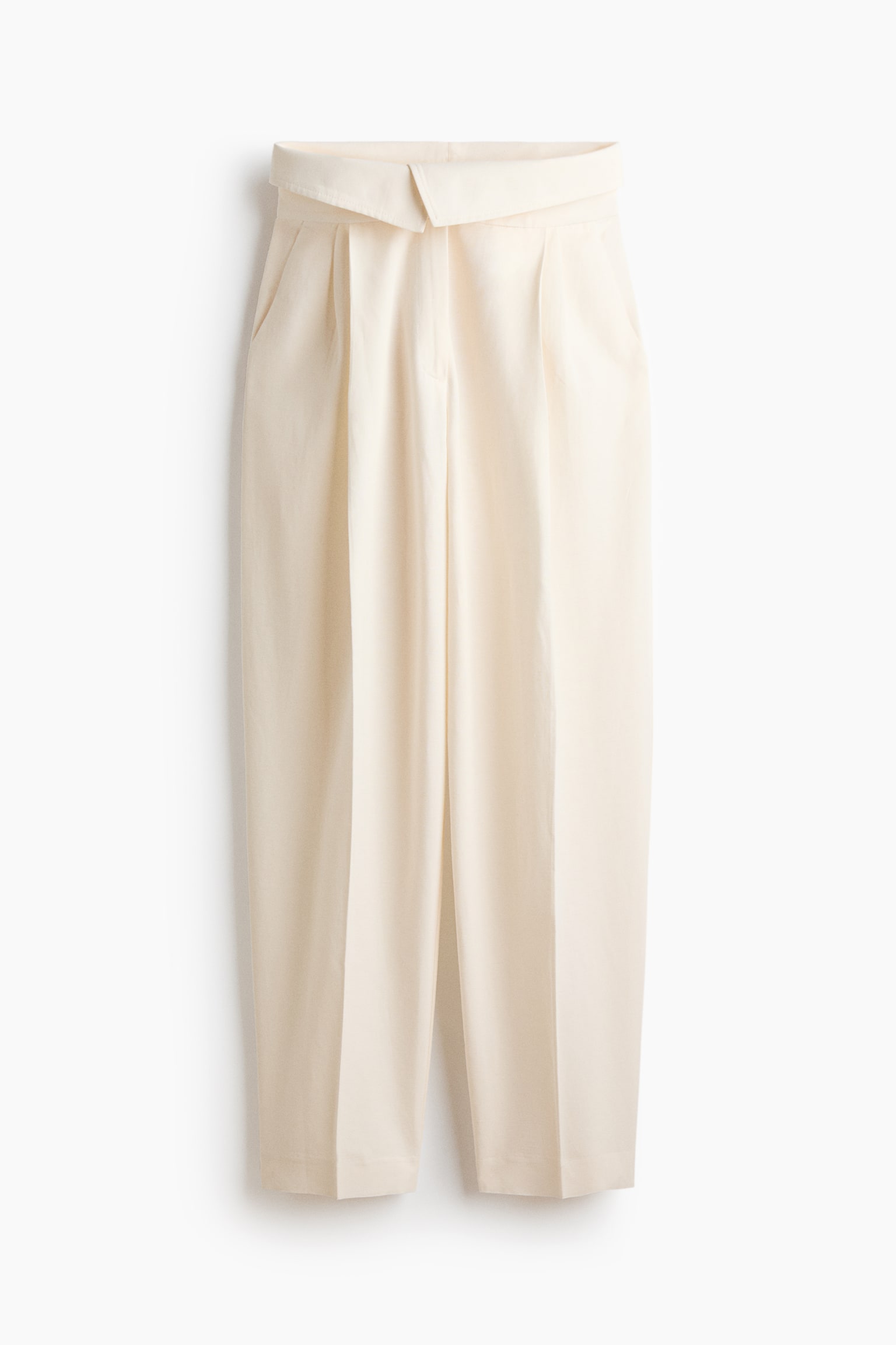 Foldover-Waist Linen-Blend Pants - Cream/Black - 1