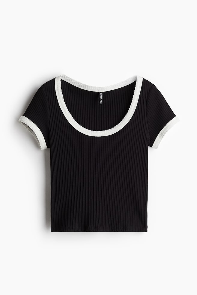 Picot-trimmed ribbed T-shirt - Black/Light blue/White - 1