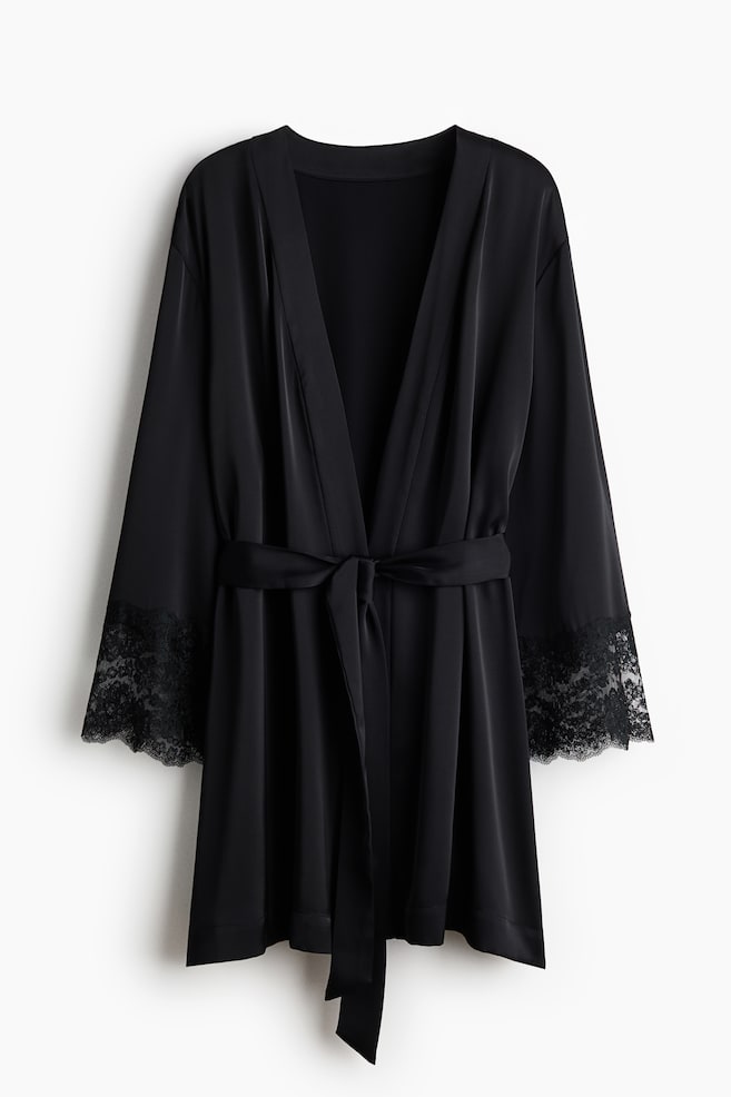 Lace-Trimmed Satin Robe - Black/Cream - 1