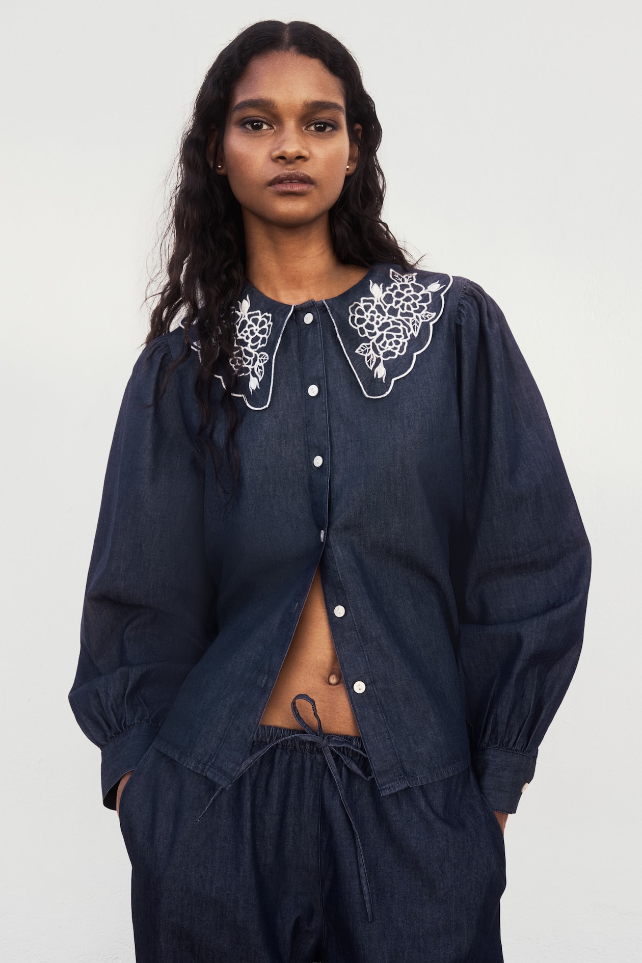 Embroidered-Collar Denim Blouse - image 5