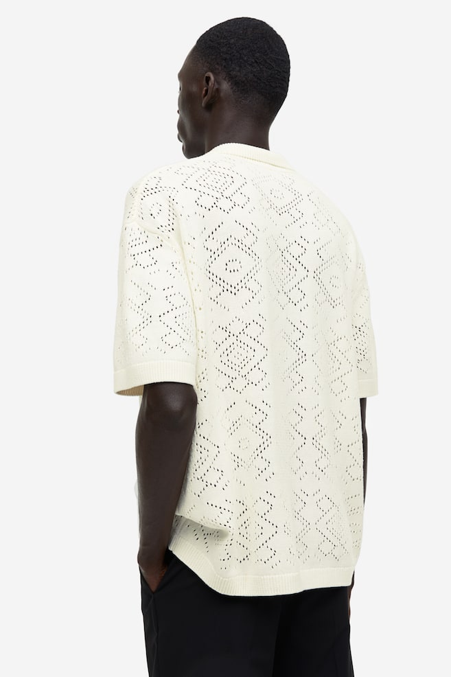 Relaxed Fit Crochet-look polo shirt - Cream/Black - 7