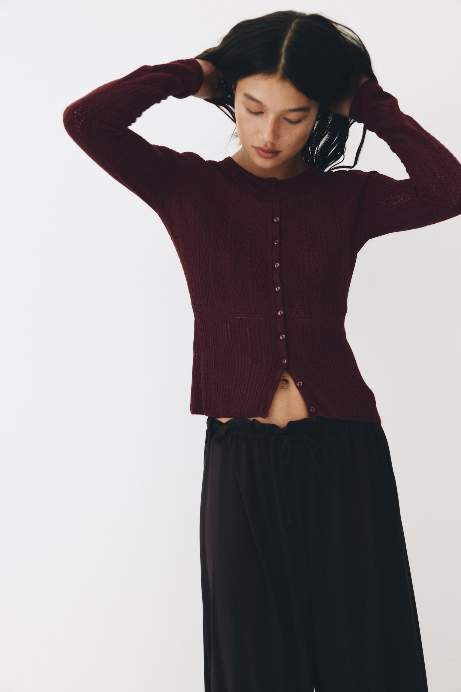 Pointelle-knit cardigan - Burgundy/White - 3