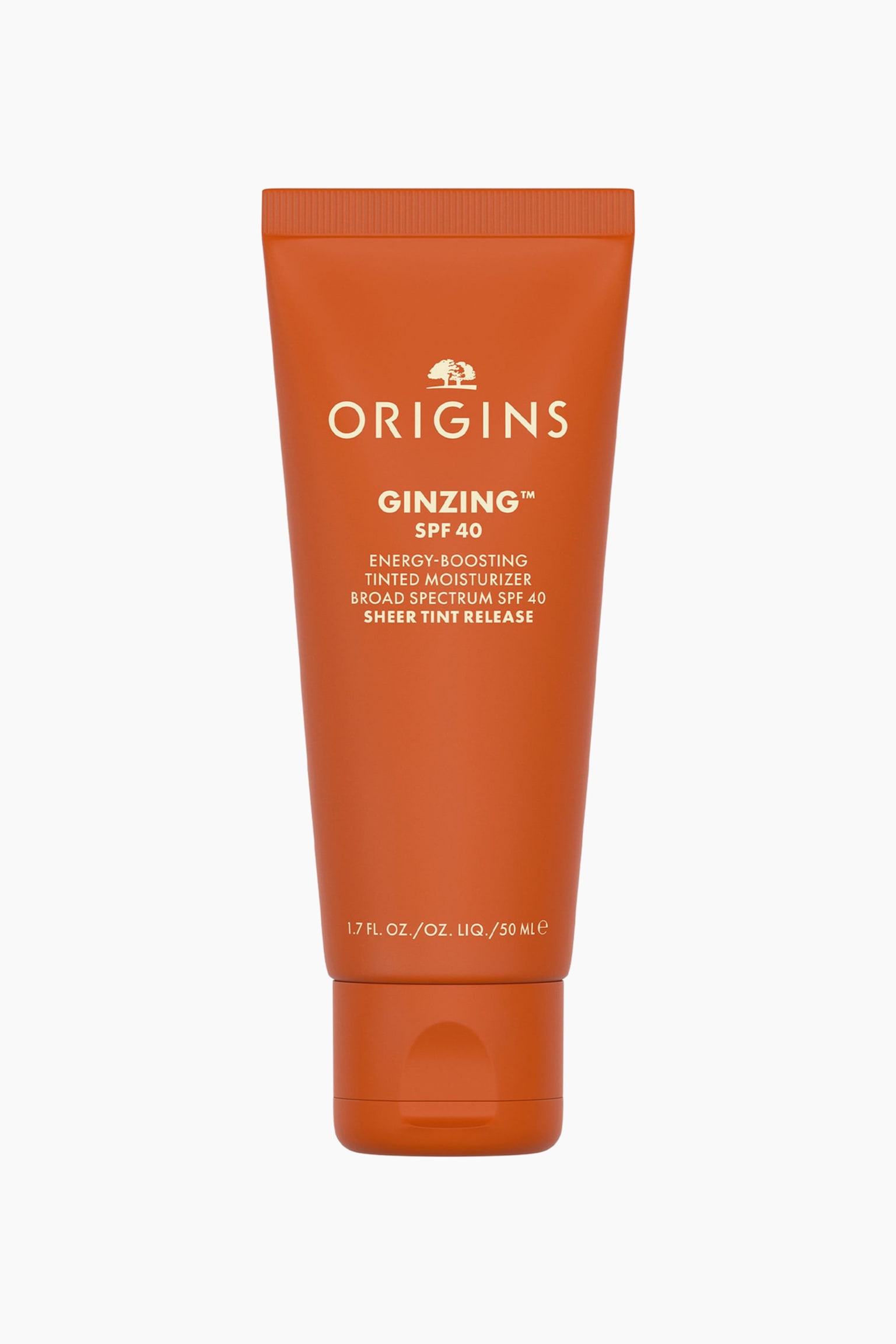 En oransje klemmetube med Origins GinZing SPF 40 Energy-Boosting Tinted Moisturizer står oppreist og vender mot front, med kremfarget tekst som viser merke- og produktinformasjon. Tuben er utstyrt med en matchende oransje flip-top-kork nederst. - 1