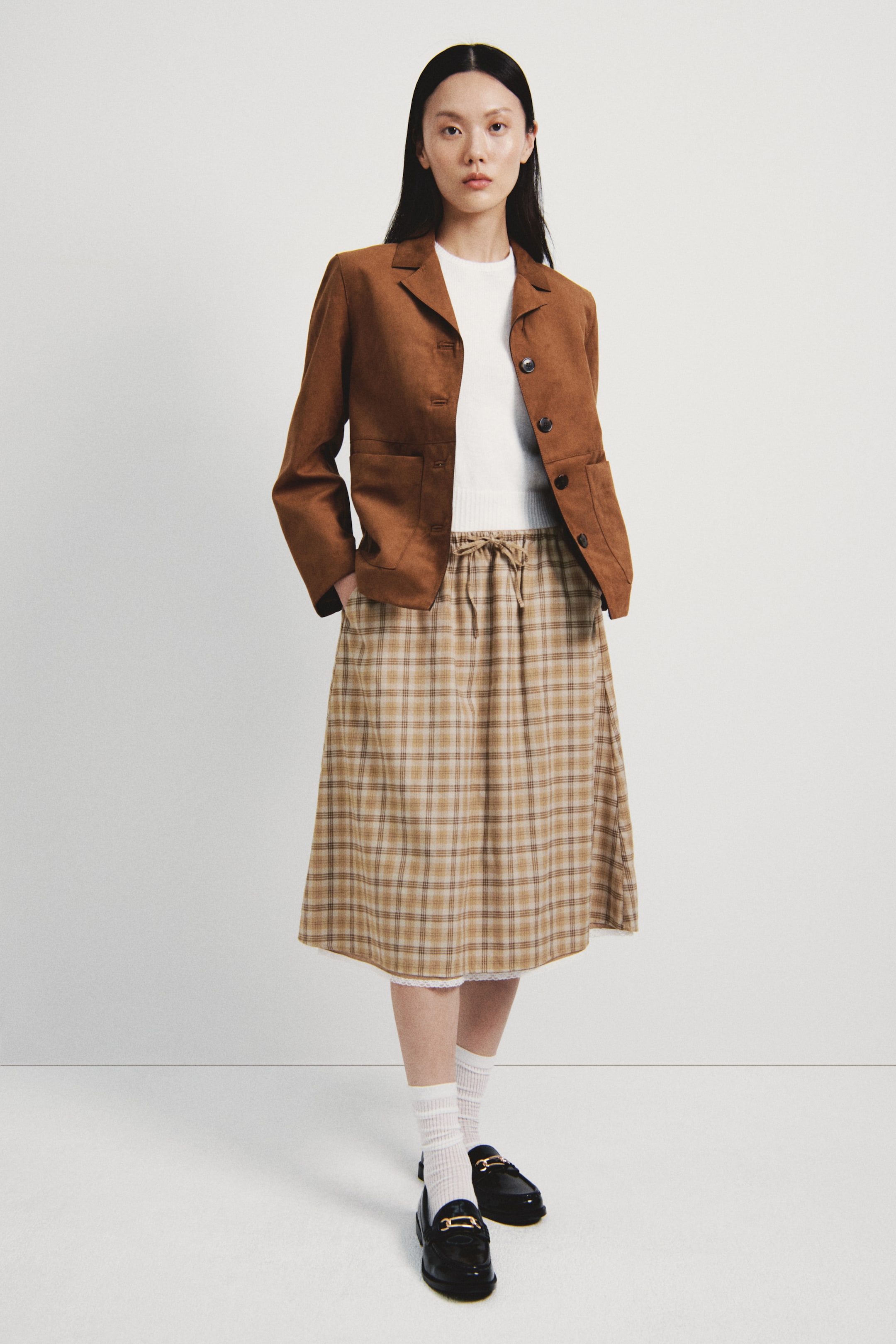 이미지 확대 보기: 드로스트링 스커트 - 다크 베이지/체크 - 여성 | H&M KR 2