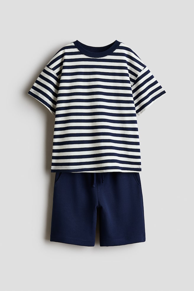 2-piece T-shirt and shorts set - Dark blue/White striped - 1