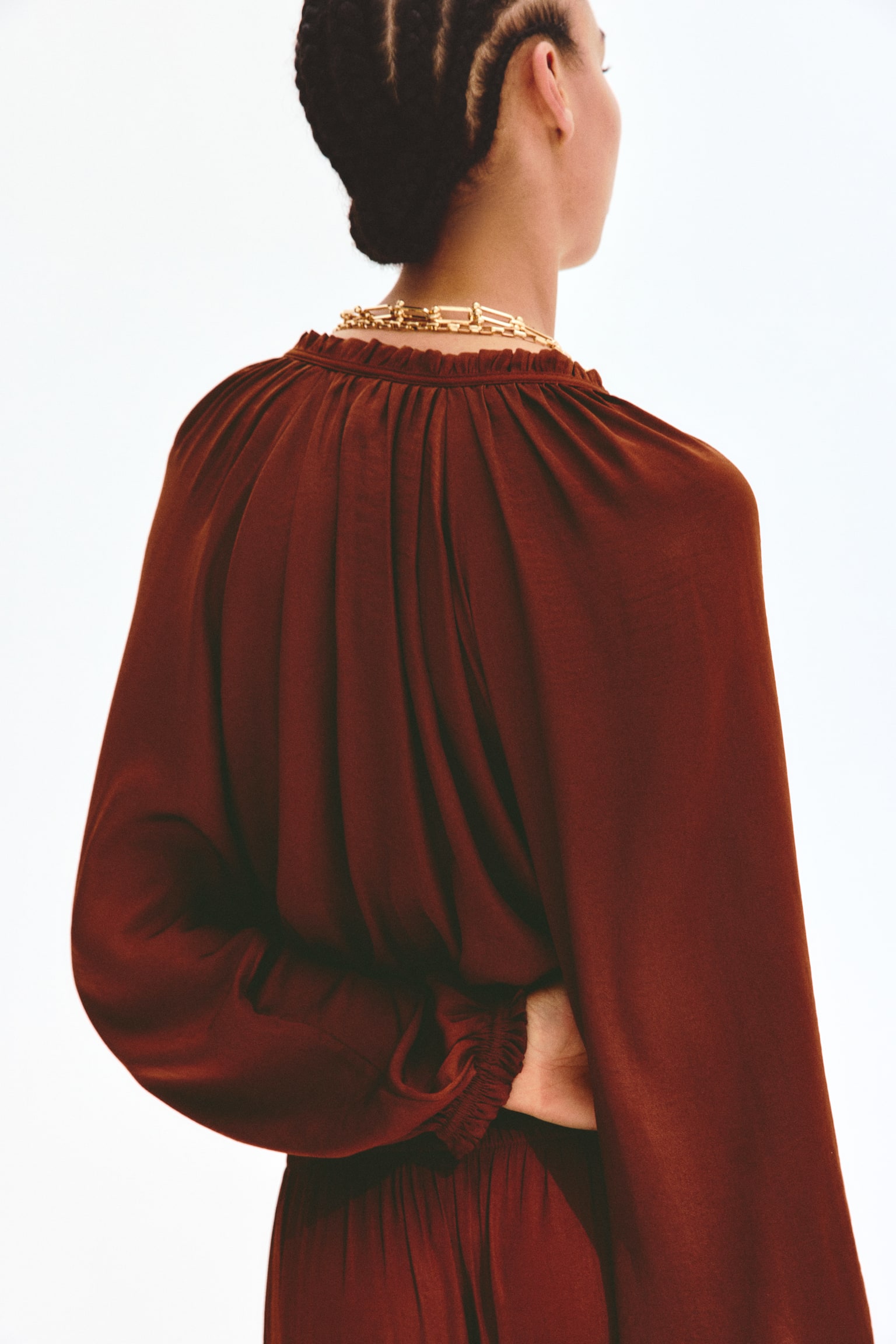 Bluse med ballongermer - Rustbrun/Mørk brun/Beige - 6