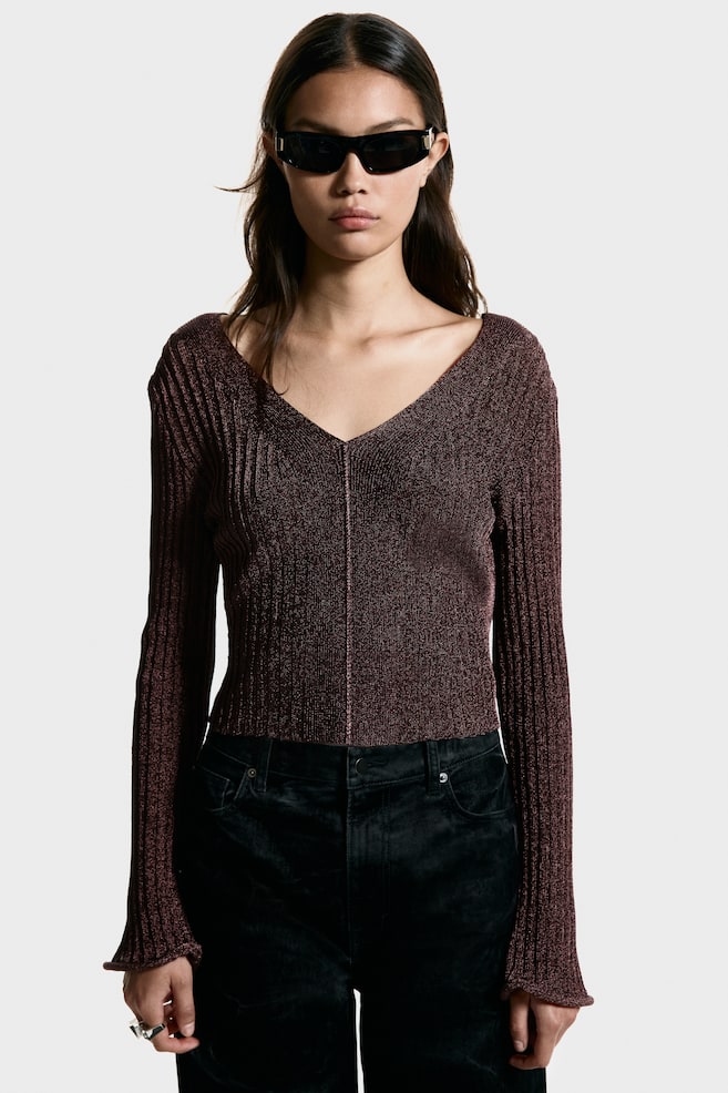 Glittery rib-knit top - Dark brown - 2
