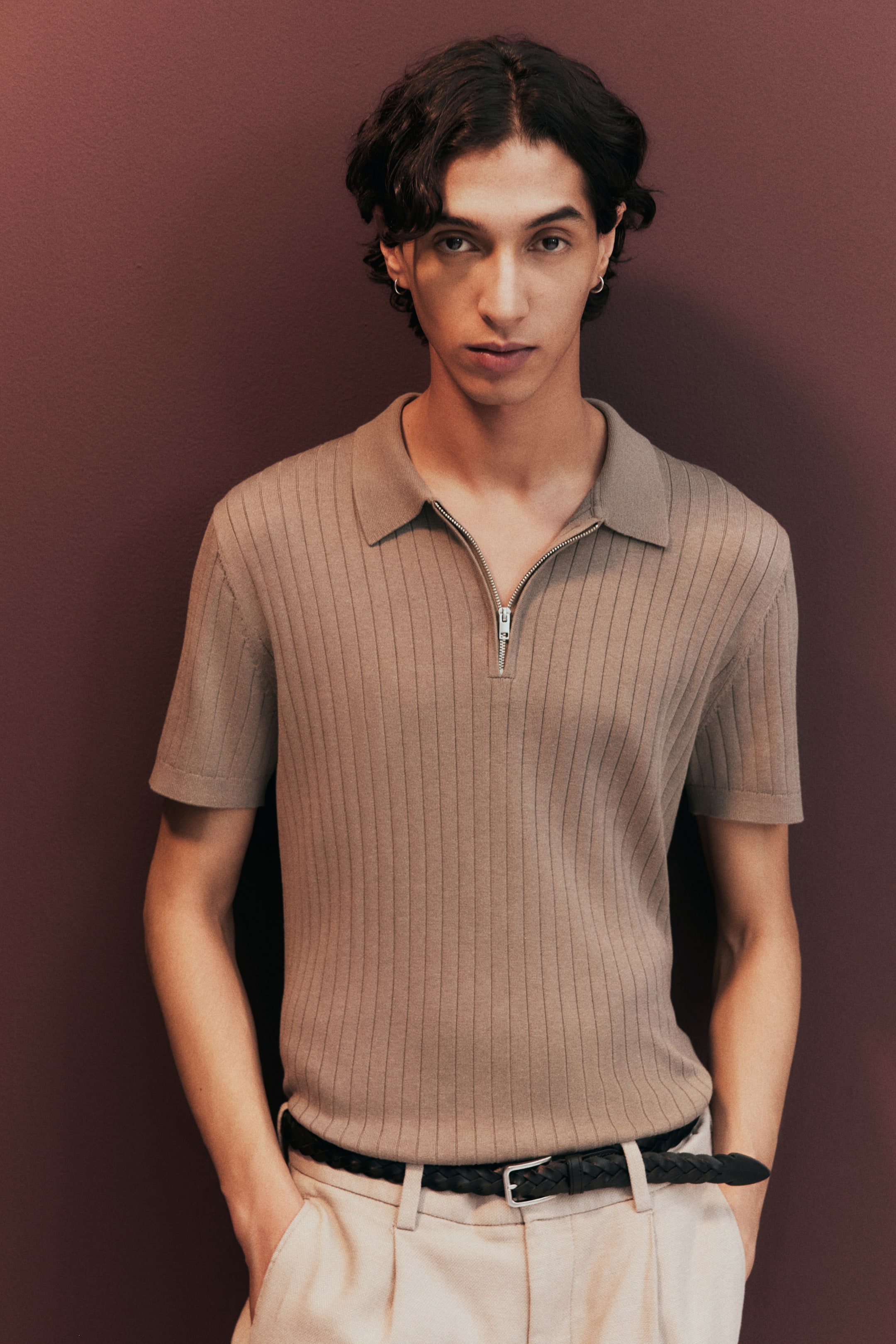 Ver imagem maior: Polo com fecho éclair Slim Fit - Bege - HOMEM | H&M PT 3