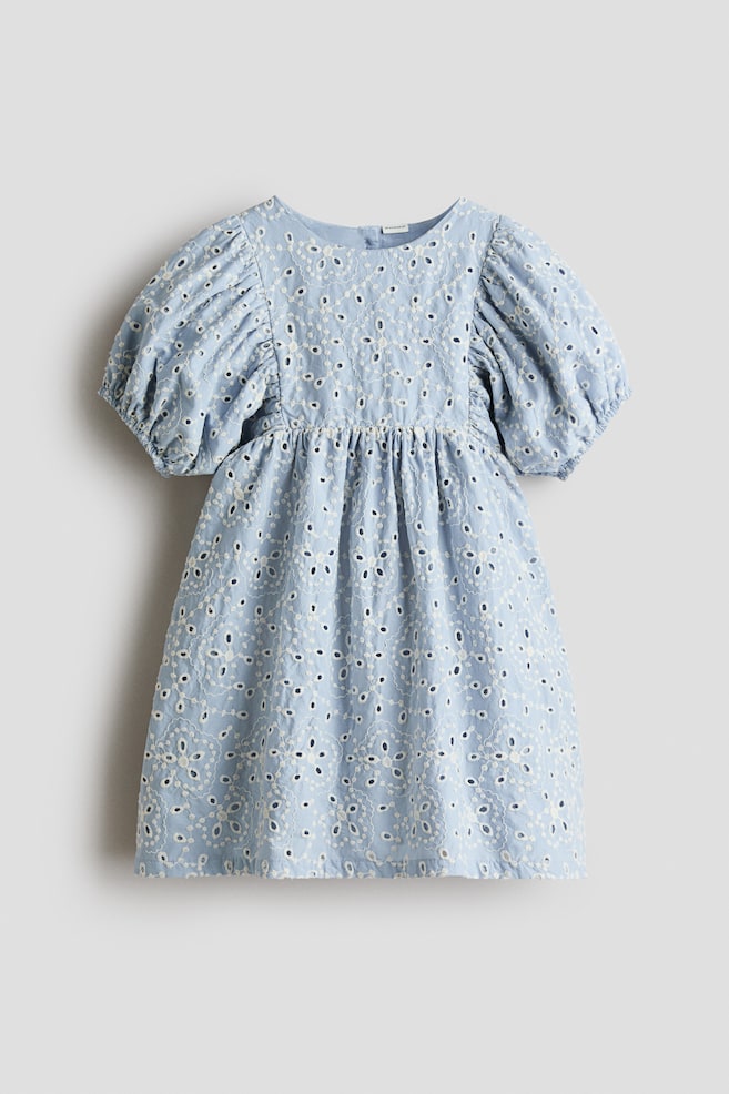 Broderie anglaise -puuvillamekko - Vaaleansininen/Persikka - 1
