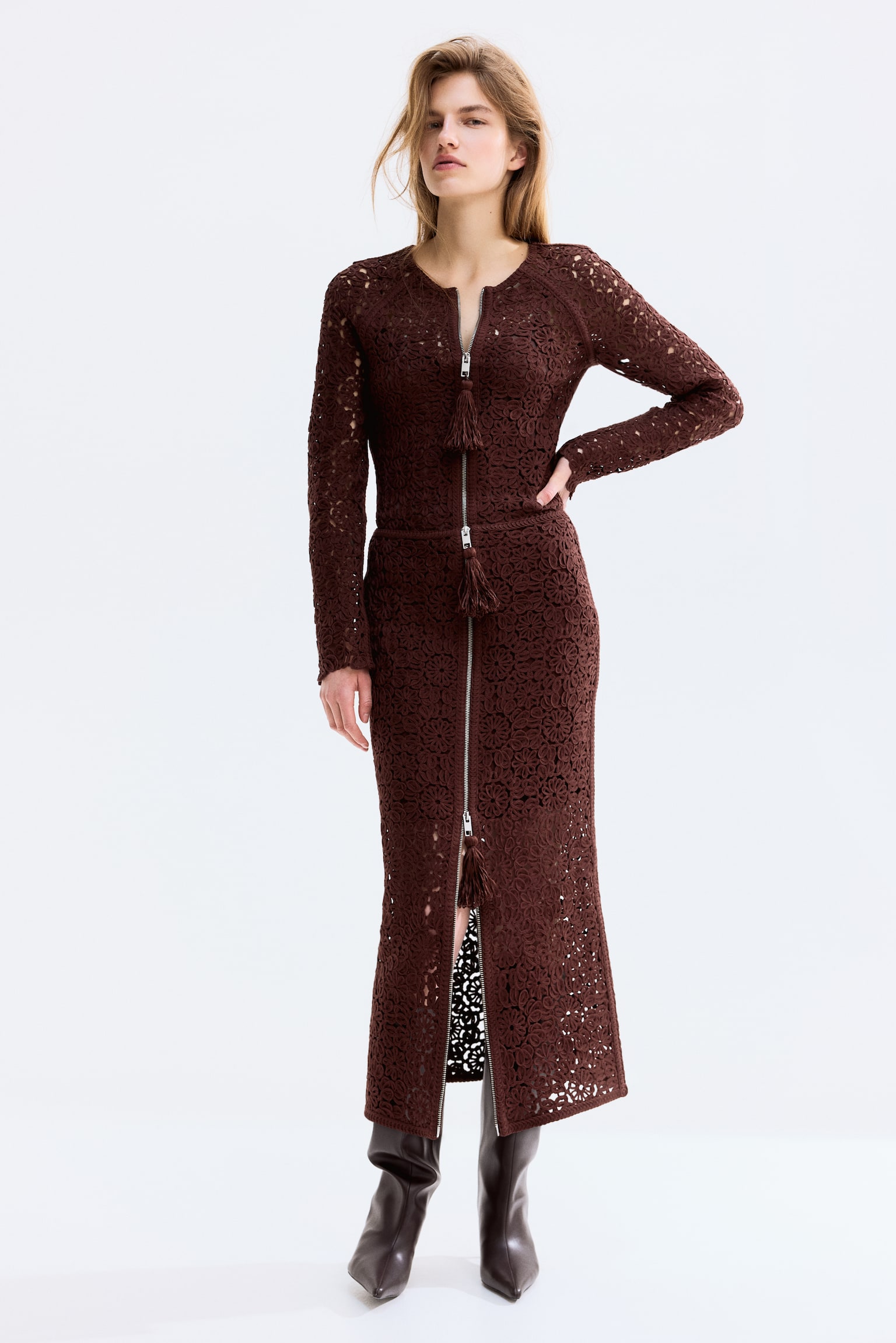 鉤花造型裙 - 深咖啡色 - 2