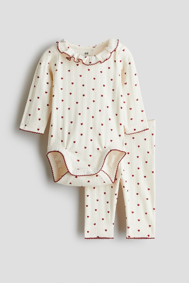 2-piece cotton jersey set - Light beige/Hearts/Red - 1
