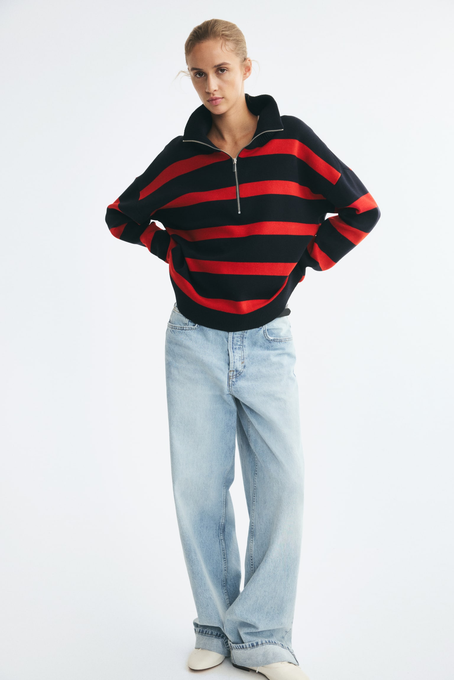 Женский свитер H&M Half-Zip, цвет: Тёмно-синий / Полосатый — фото 6