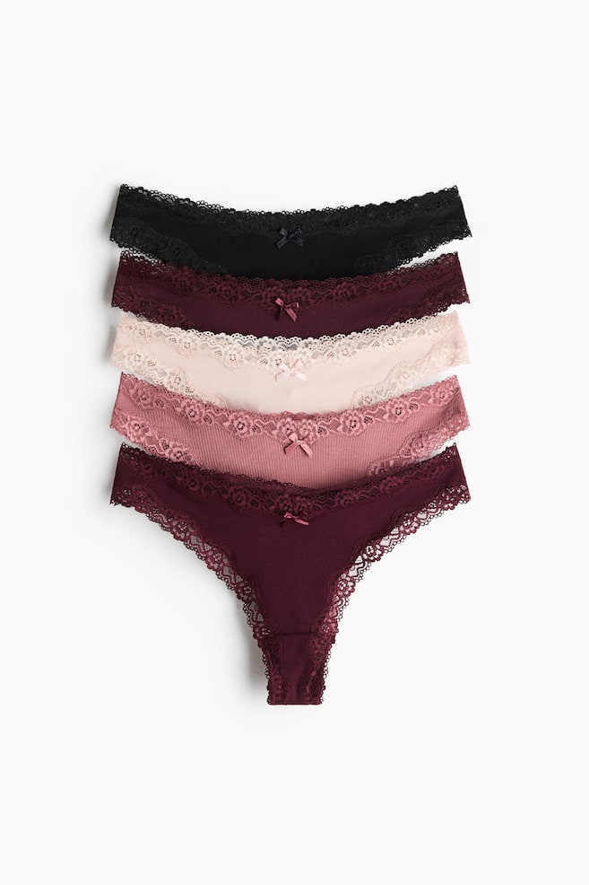 5-pack cotton and lace Brazilian briefs - Burgundy/Old rose/Dark brown/Light beige/Dark blue/Cream floral/Cream/Navy blue/Floral/Dusty blue/Cream/Light grey marl/Light pink - 1