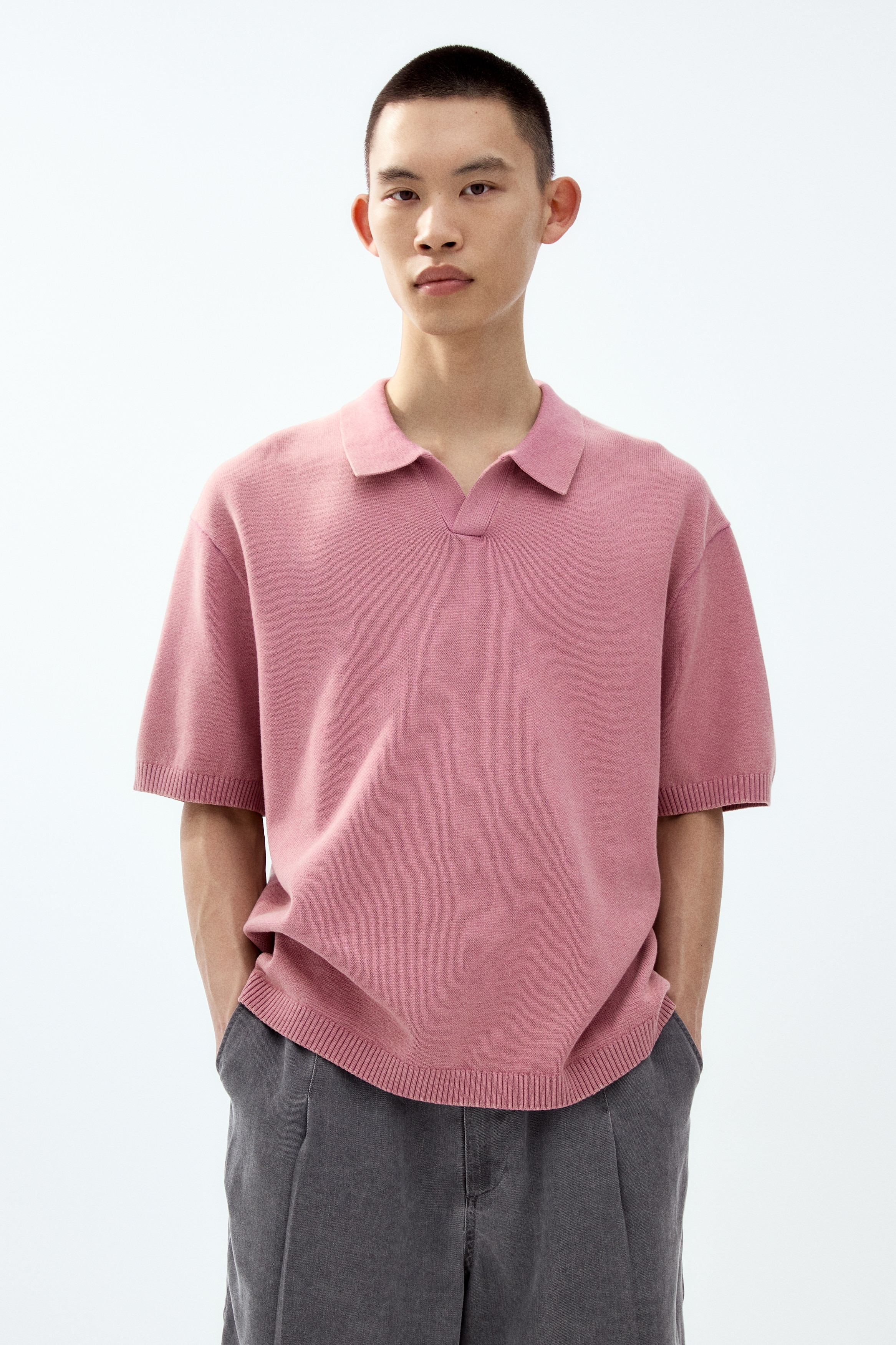 Loose-Fit Knit Polo Shirt - Dark pink/Black/Blue