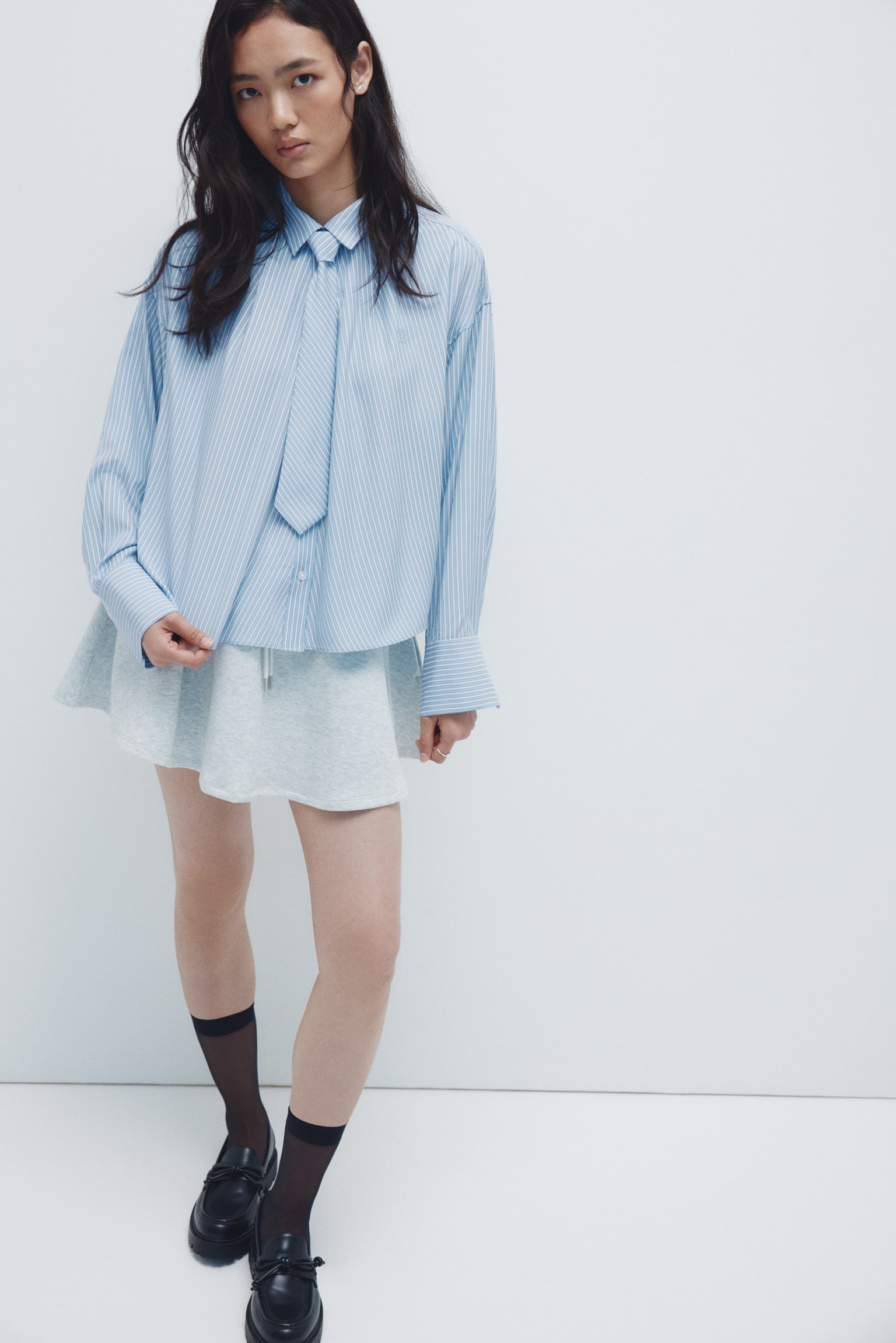 Tie-detail shirt - 블루/스트라이프/화이트 - 6