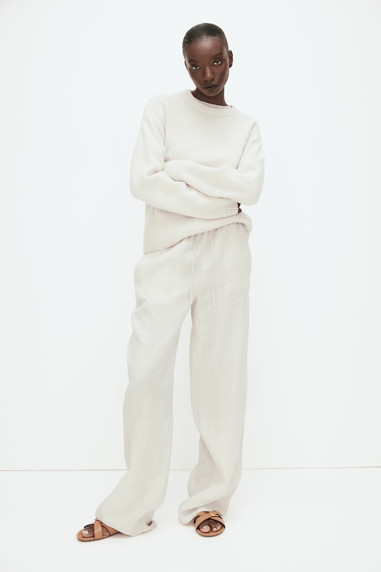 Wide Linen Pants - Light beige/Dark beige/Dark grey - 5